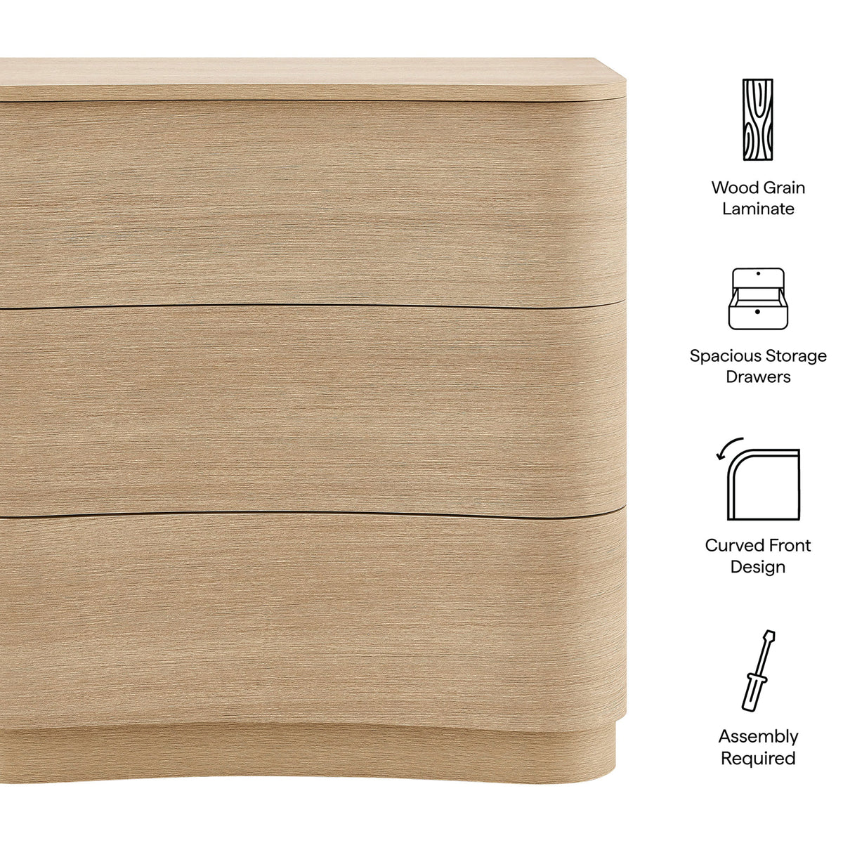 Feature graphic highlighting the dresser wood grain laminate, spacious drawers, curved fronts, and assembly || MOD-7230-BOA || callout_studio