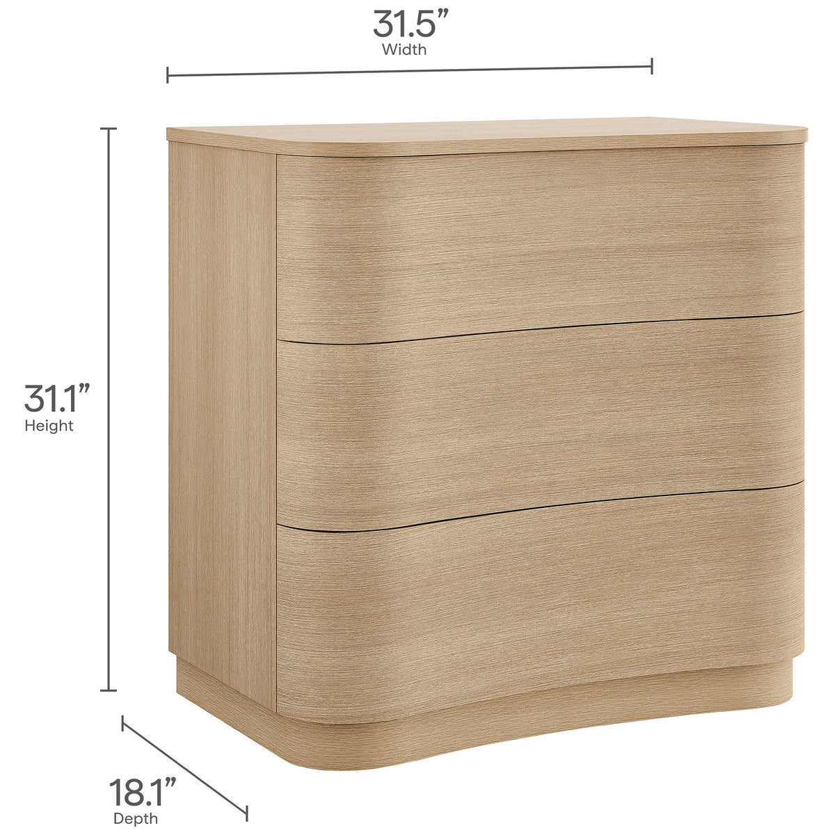 Dimension diagram of the Mirae curved three-drawer dresser in light oak with labeled height width and depth || MOD-7230-BOA || dimension_studio