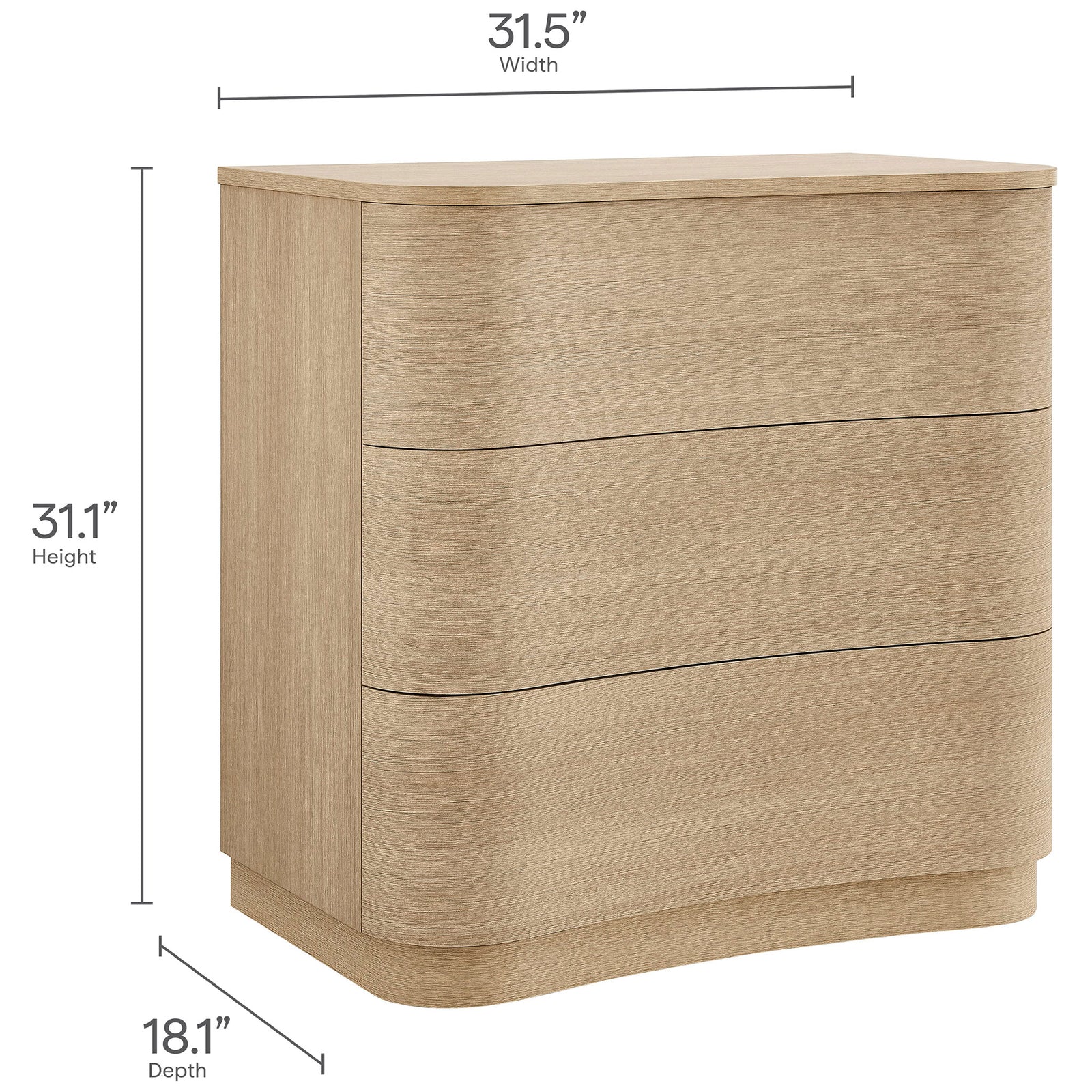Dimension diagram of the Mirae curved three-drawer dresser in light oak with labeled height width and depth || MOD-7230-BOA || dimension_studio