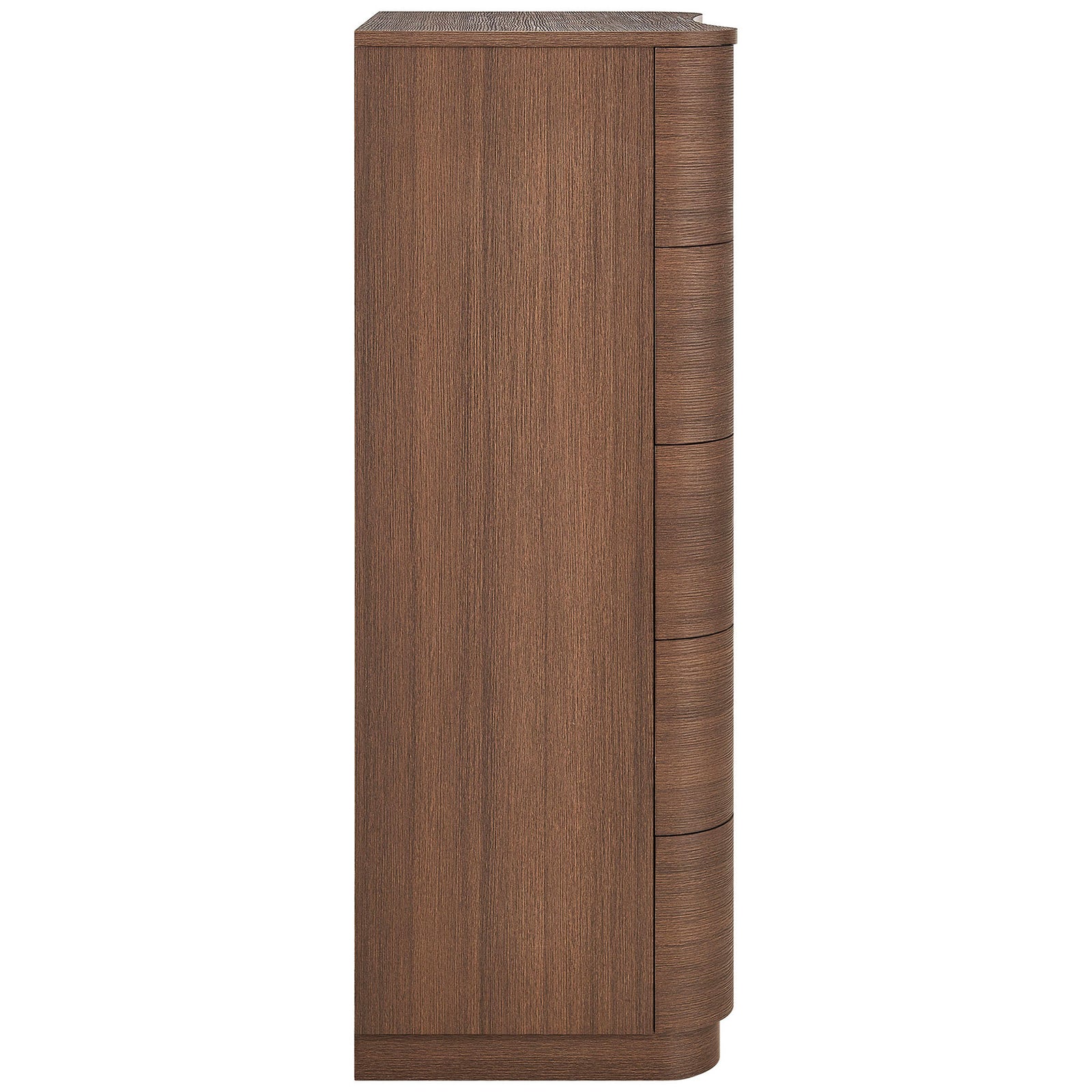 Slim profile of the Mirae chest showcasing rounded corners and seamless wood grain along the side panel. || MOD-7231-BBO || side_studio