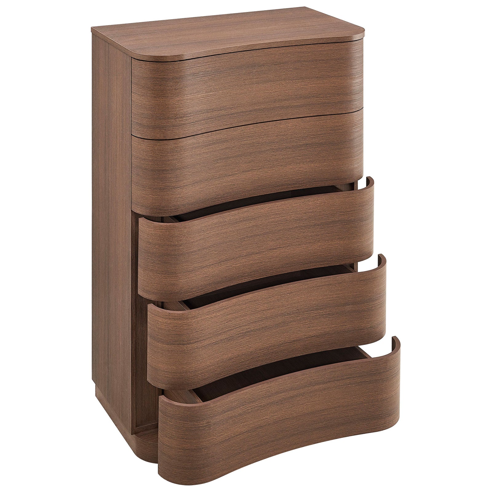 Curved brown oak dresser chest with all five deep drawers open to reveal generous storage space. || MOD-7231-BBO || front_angle_open_studio