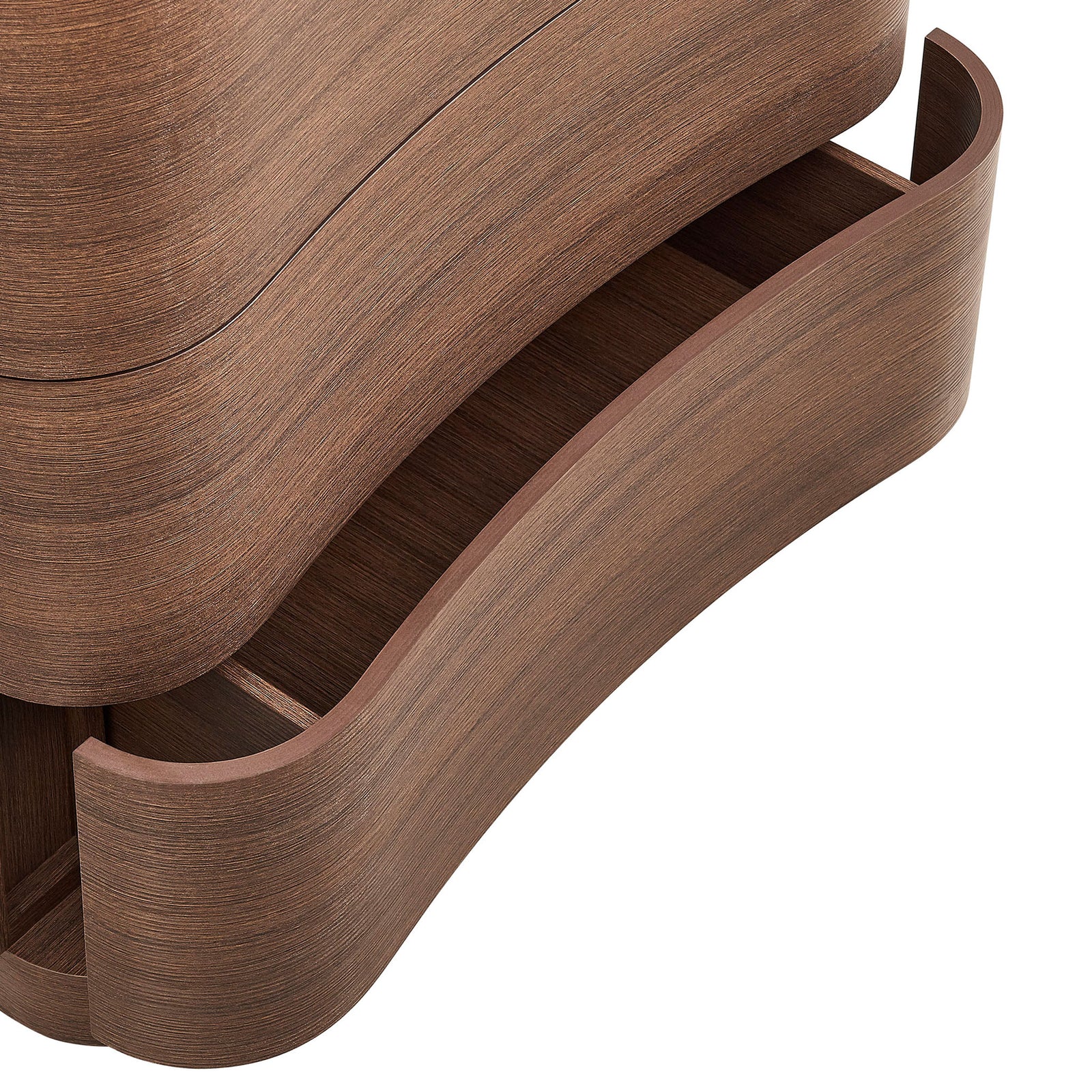 Close-up of the lowest drawer showing the curved front panel and neatly divided interior storage space. || MOD-7231-BBO || storage_open_studio