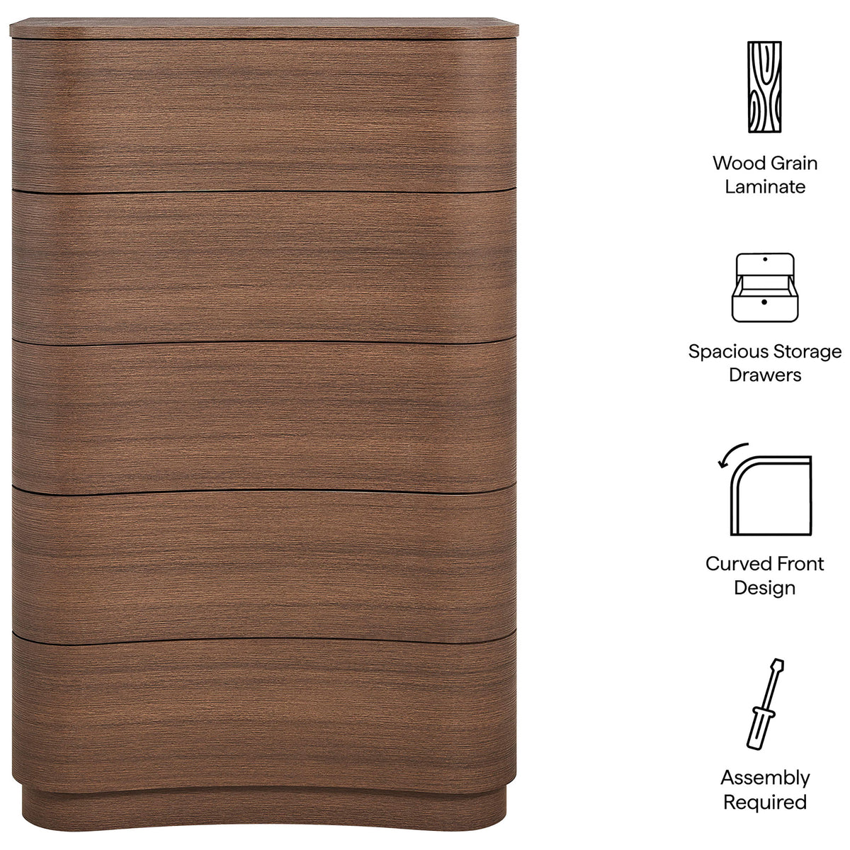 Front of the Mirae dresser chest beside icons highlighting wood grain laminate, storage drawers, and curved design. || MOD-7231-BBO || callout_studio