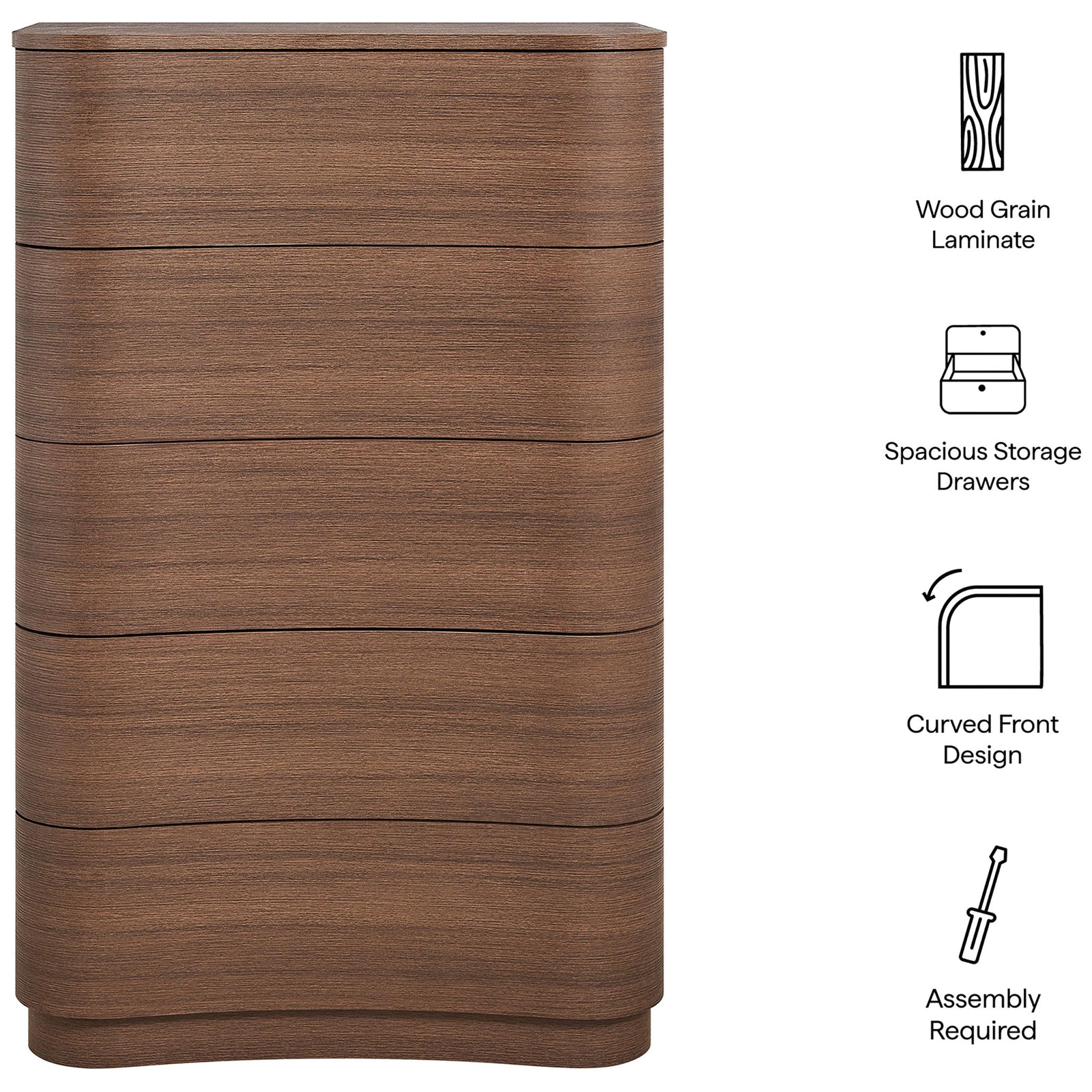 Front of the Mirae dresser chest beside icons highlighting wood grain laminate, storage drawers, and curved design. || MOD-7231-BBO || callout_studio