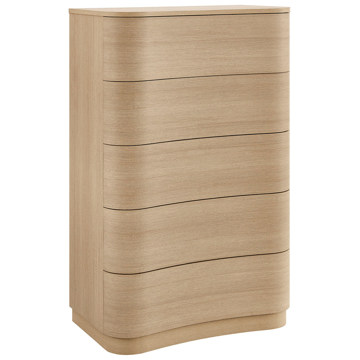 Profiled dresser highlights graceful wave-like drawer fronts and a slim vertical storage footprint. || MOD-7231-BOA || front_angle_studio