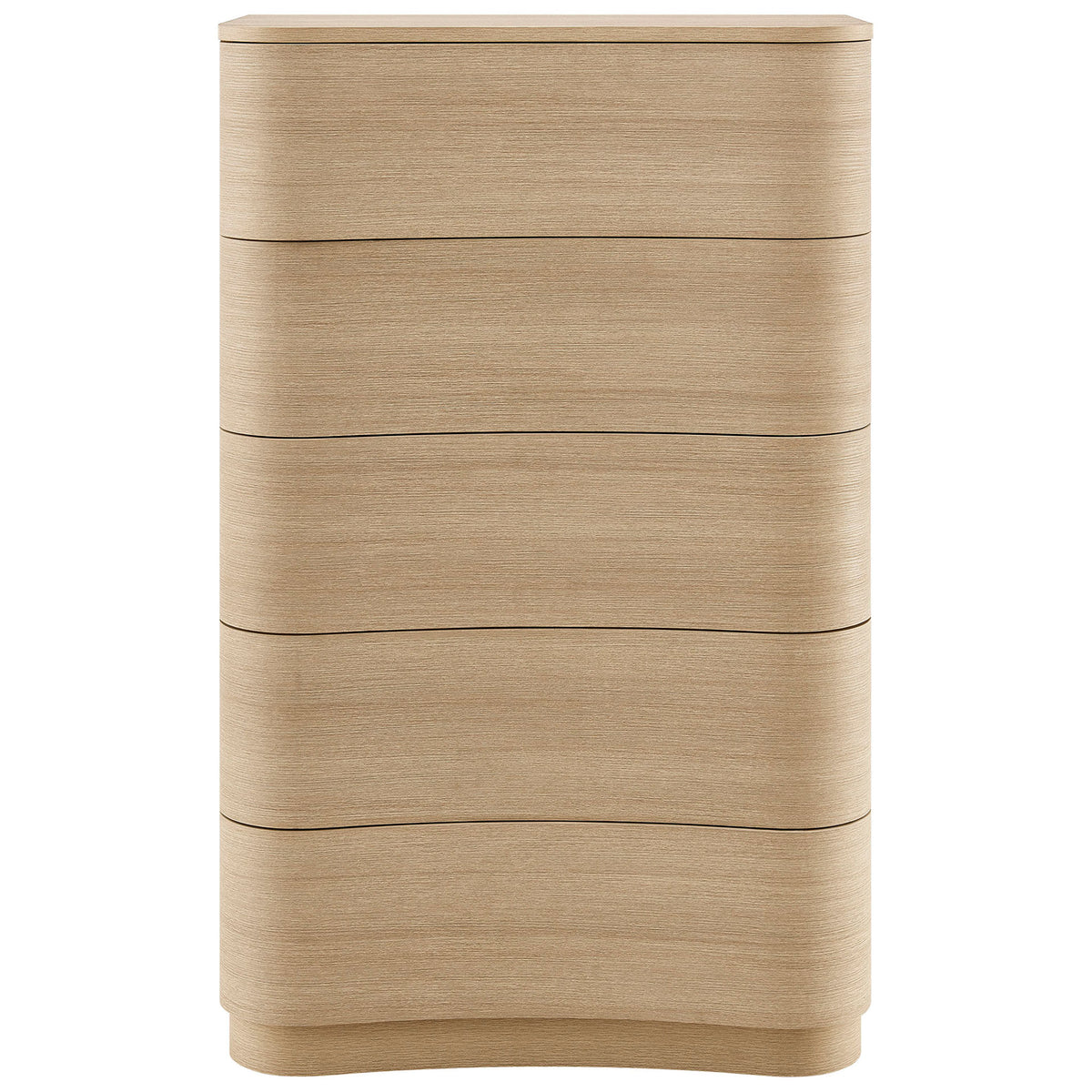 Tall 5-drawer chest showcases smooth curved fronts in a warm brushed light oak finish. || MOD-7231-BOA || front_studio