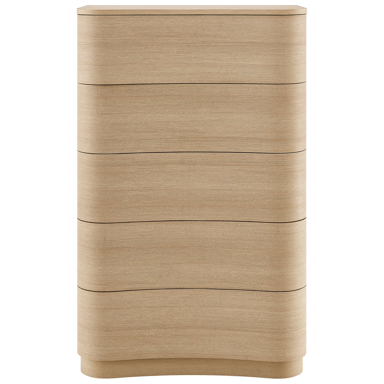 Tall 5-drawer chest showcases smooth curved fronts in a warm brushed light oak finish. || MOD-7231-BOA || front_studio