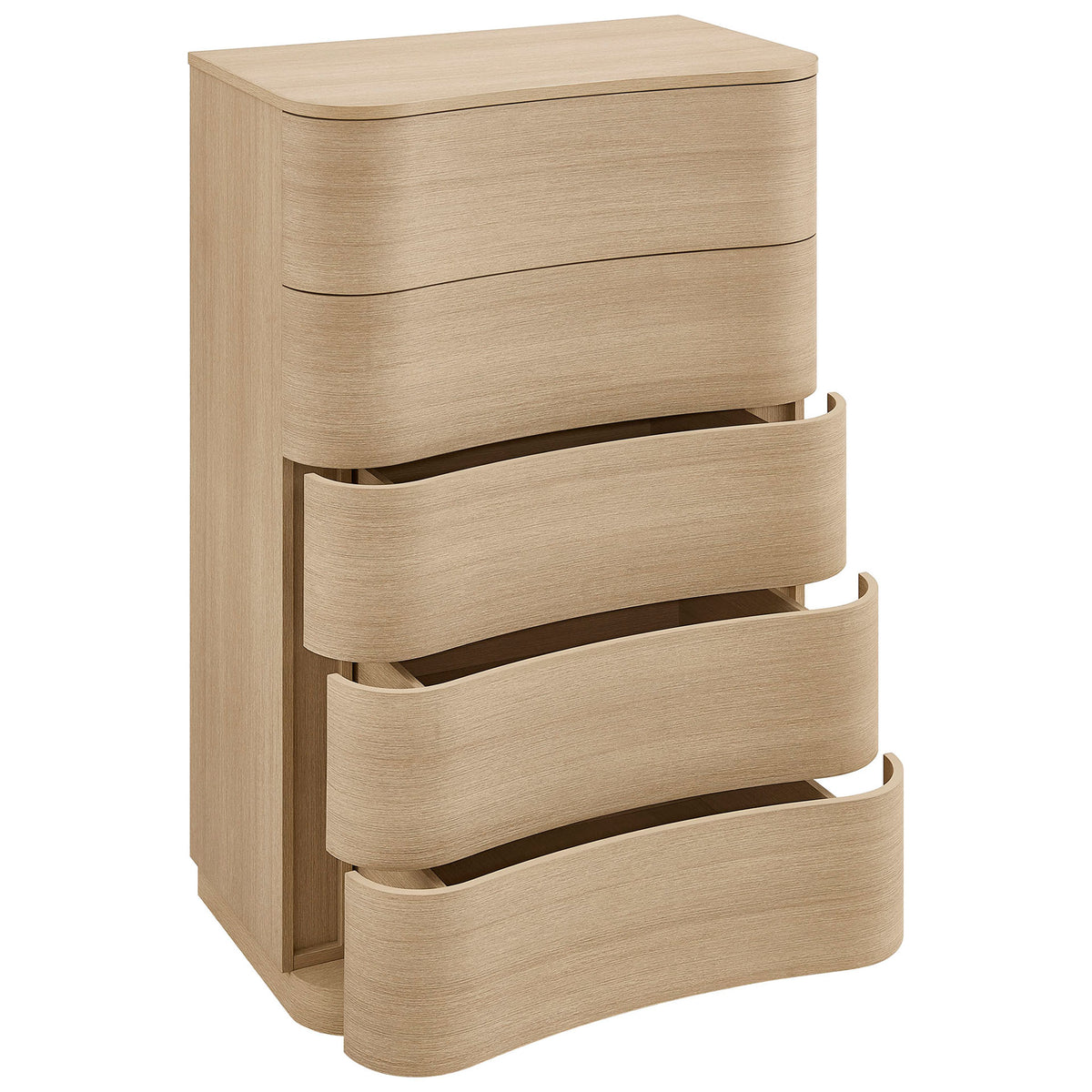 Spacious curved drawers glide open to reveal generous storage for clothing and bedroom essentials. || MOD-7231-BOA || front_angle_open_studio