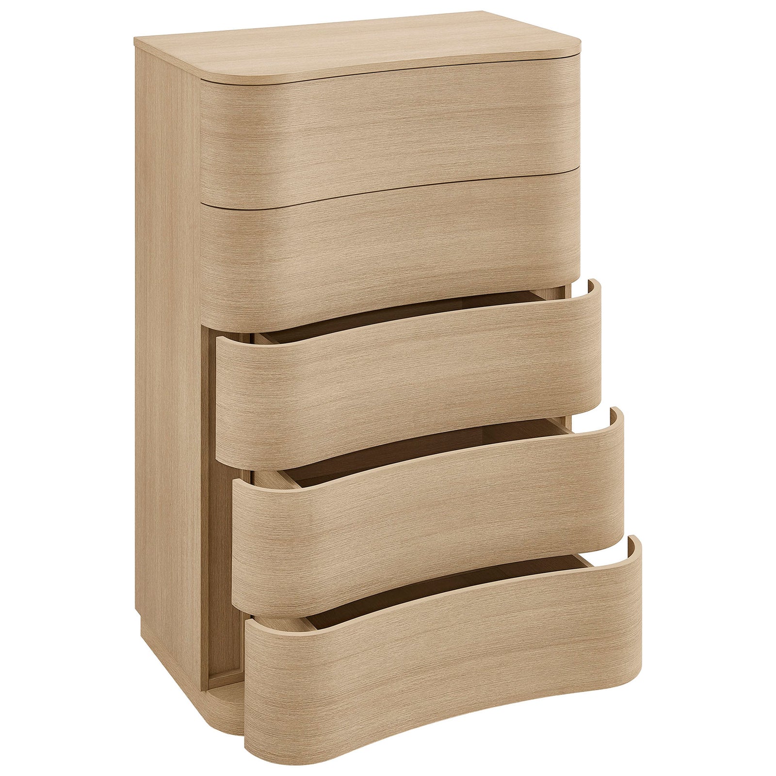 Spacious curved drawers glide open to reveal generous storage for clothing and bedroom essentials. || MOD-7231-BOA || front_angle_open_studio