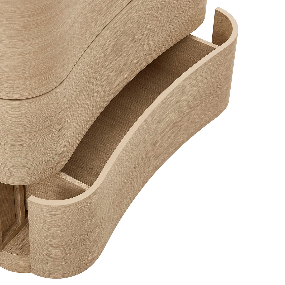 Deep drawer interior with curved front, ideal for organizing folded garments and linens. || MOD-7231-BOA || storage_open_studio