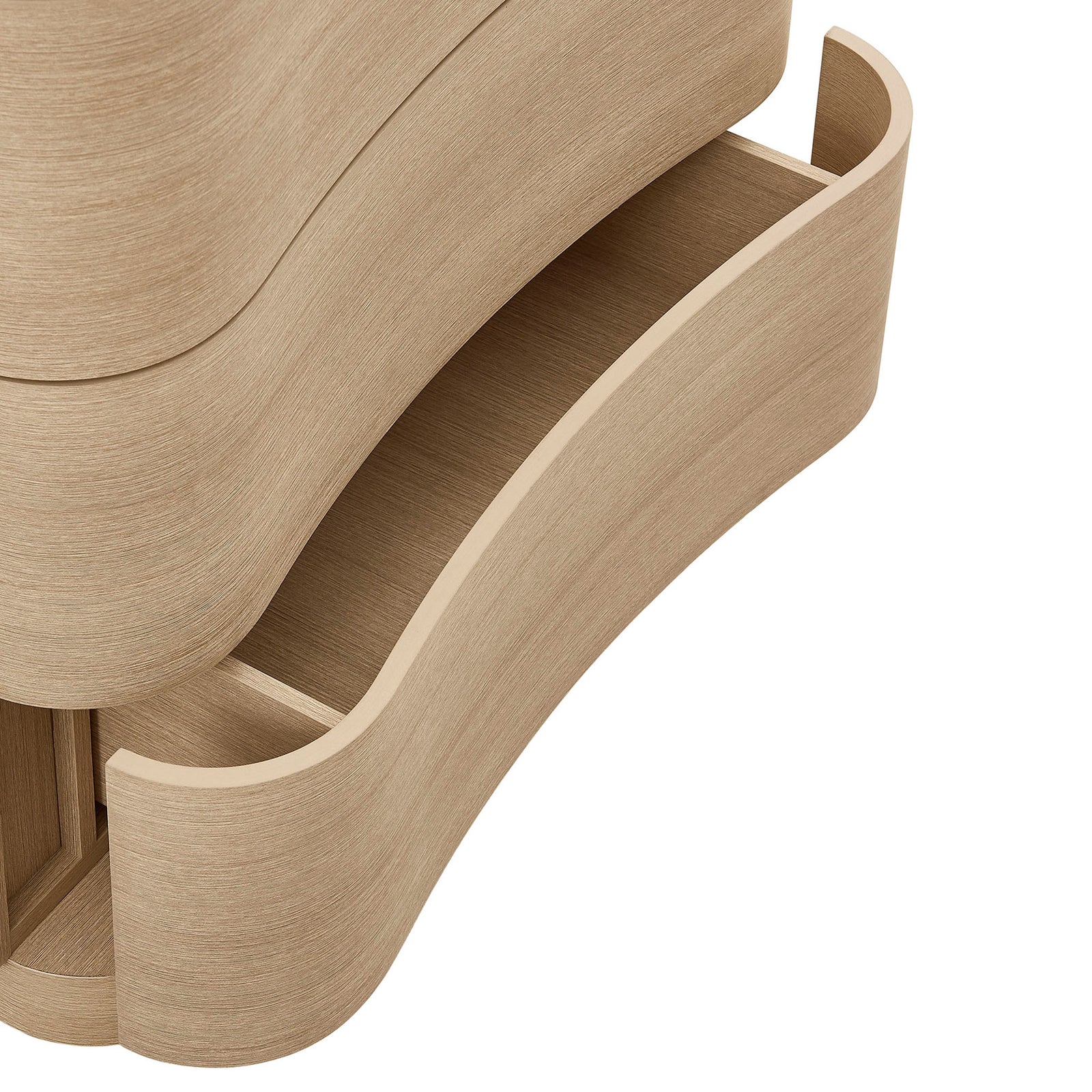 Deep drawer interior with curved front, ideal for organizing folded garments and linens. || MOD-7231-BOA || storage_open_studio