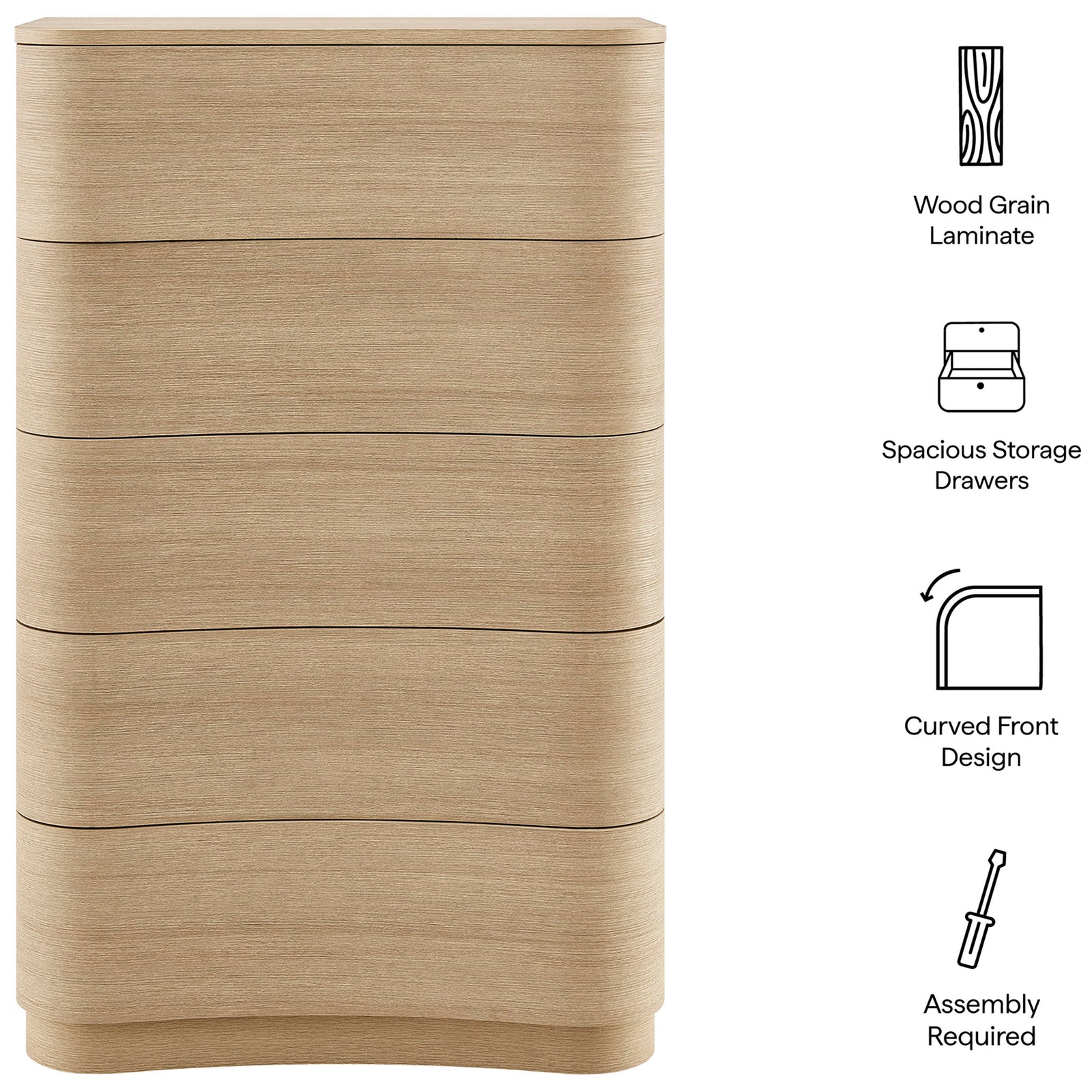 Dresser features wood grain laminate, curved drawer fronts, and icons highlighting key storage benefits. || MOD-7231-BOA || callout_studio