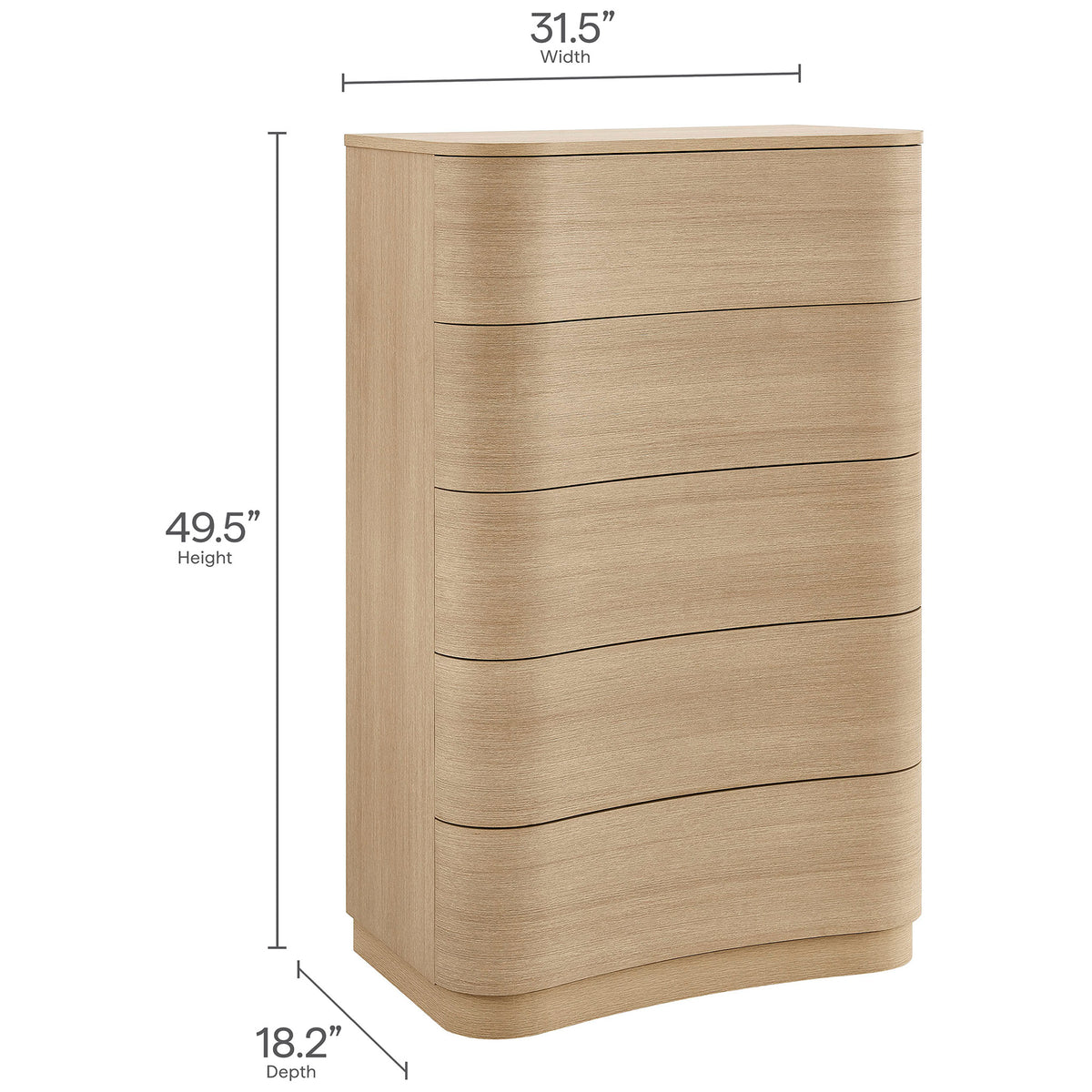 Curved dresser with wood grain finish and labeled height, width, and depth dimensions for planning. || MOD-7231-BOA || dimension_studio