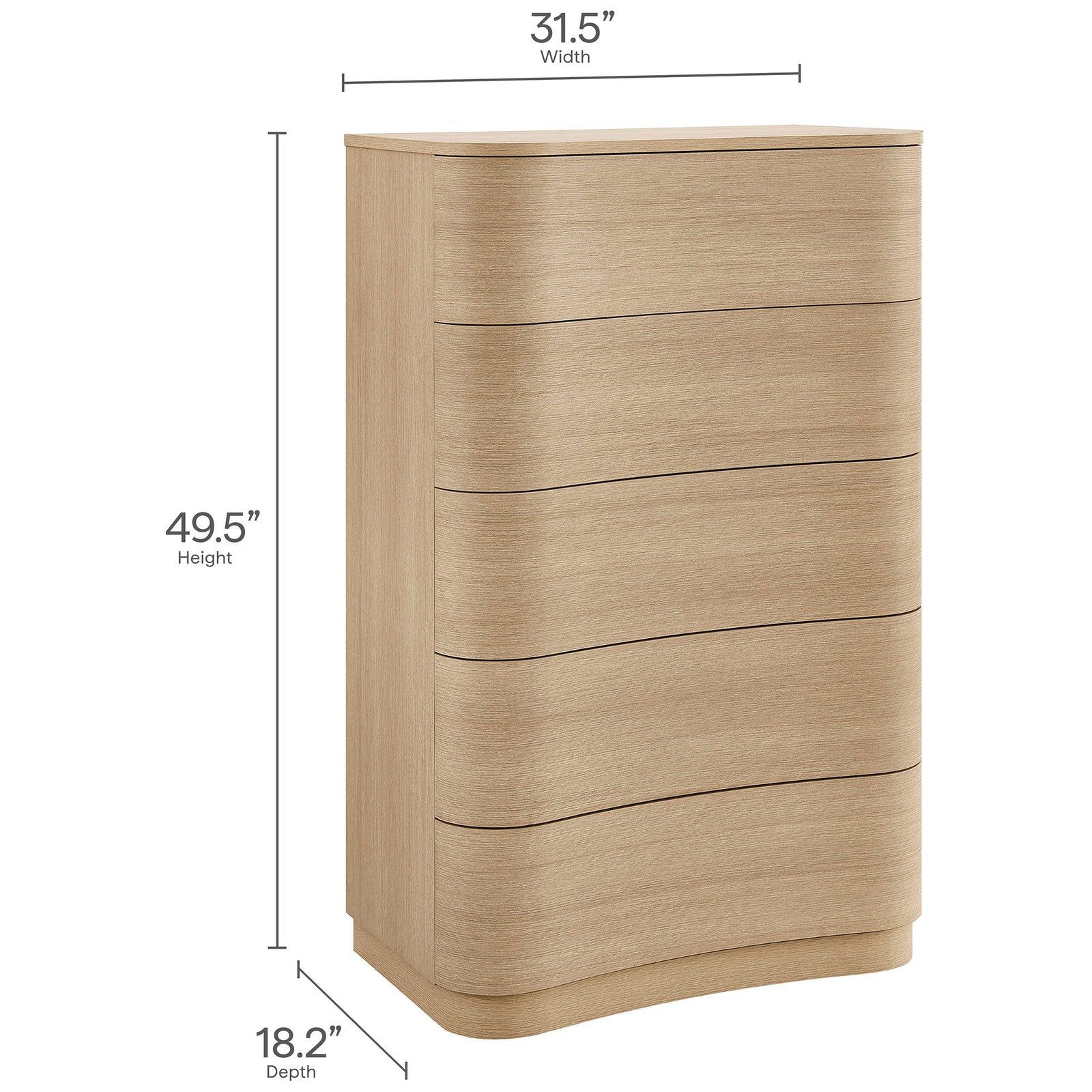 Curved dresser with wood grain finish and labeled height, width, and depth dimensions for planning. || MOD-7231-BOA || dimension_studio