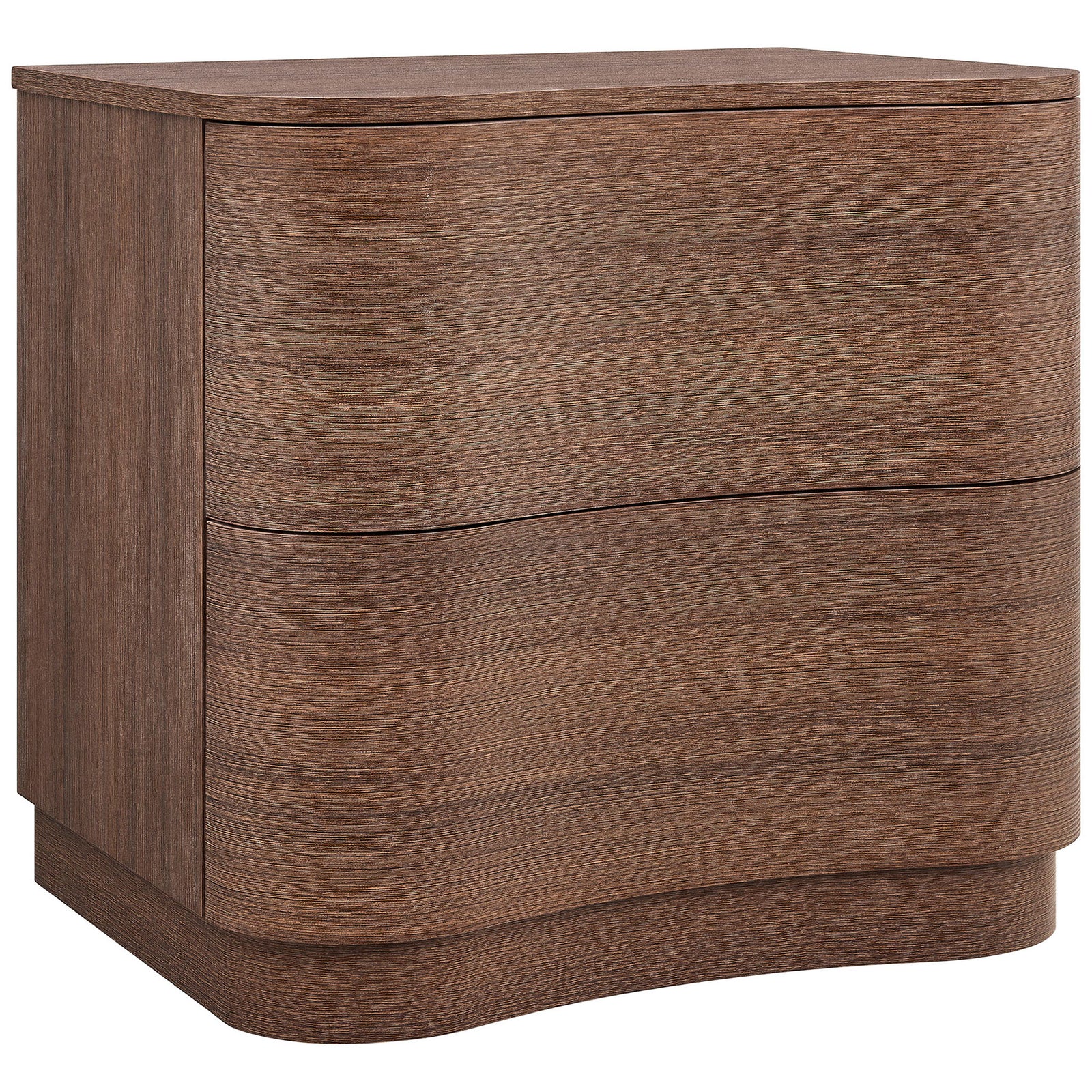 Modern Mirae nightstand showcases sculpted curved drawer fronts and rich brown oak finish for a sleek bedside look || MOD-7232-BBO || front_angle_studio
