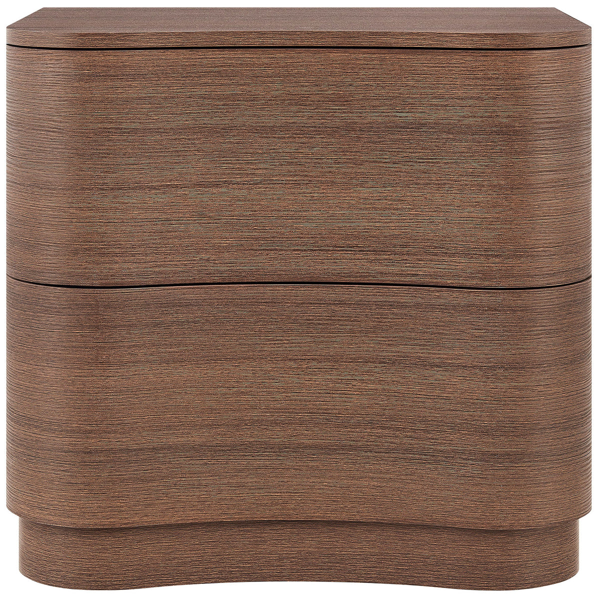 Curved two-drawer Mirae nightstand in brushed brown oak with smooth wood grain and deep storage drawers || MOD-7232-BBO || front_studio