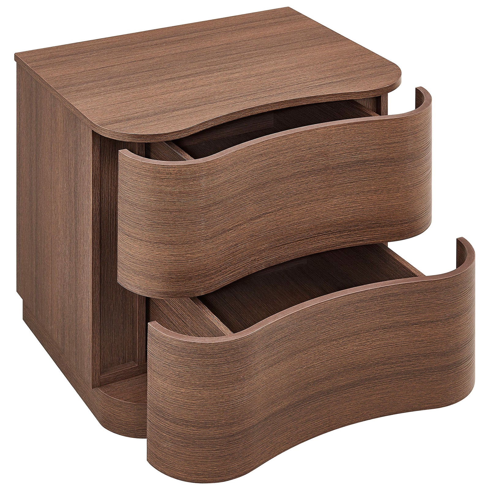 Mirae nightstand with both drawers open reveals spacious storage and softly flowing curved fronts in warm brown oak || MOD-7232-BBO || front_angle_open_studio