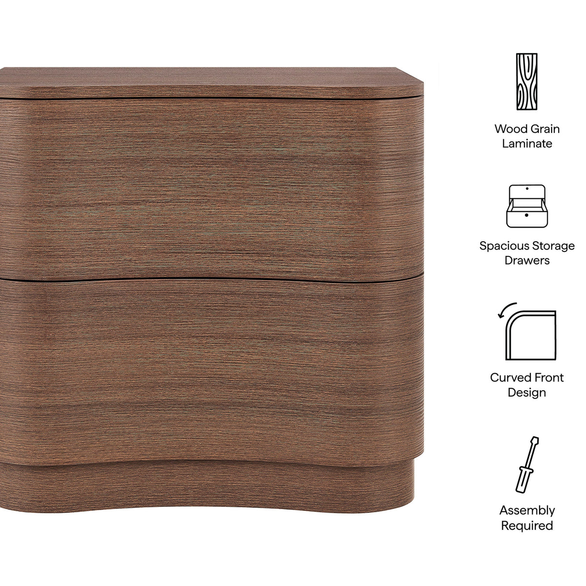 Mirae nightstand features wood grain laminate, curved drawer fronts, spacious storage, and easy assembly || MOD-7232-BBO || callout_studio