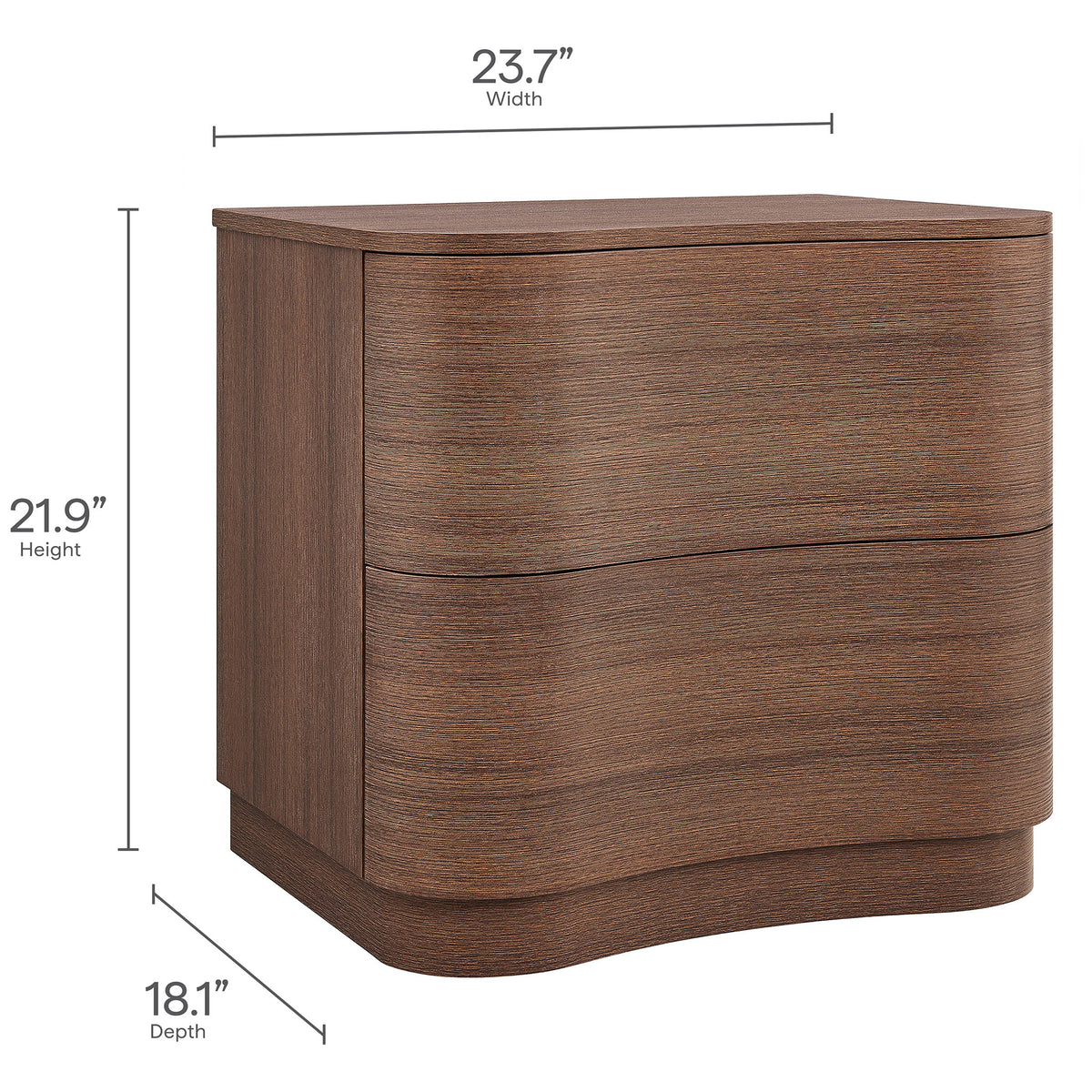 Dimensions diagram of the Mirae nightstand shows compact height, width, and depth for versatile bedroom placement || MOD-7232-BBO || dimension_studio