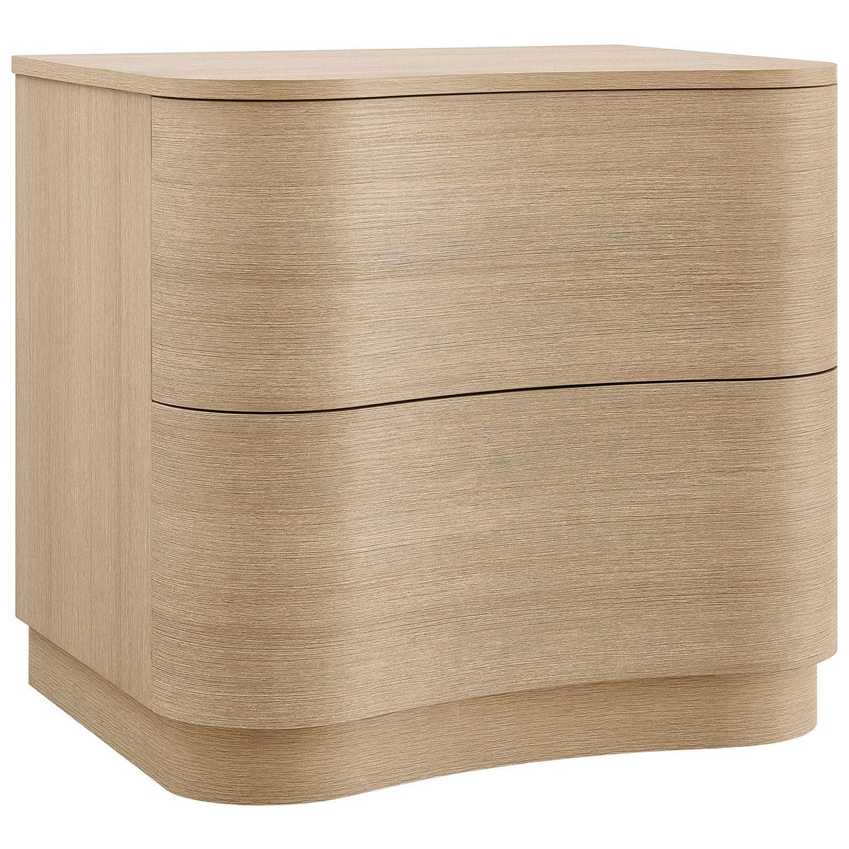 Sculpted light oak nightstand with flowing curved front and plinth base for a soft contemporary look || MOD-7232-BOA || front_angle_studio
