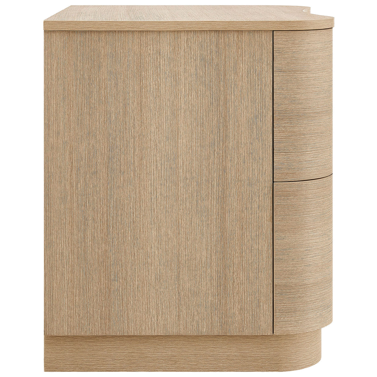 Streamlined side profile showcases the nightstand's light oak wood grain and smooth, rounded corners || MOD-7232-BOA || side_studio