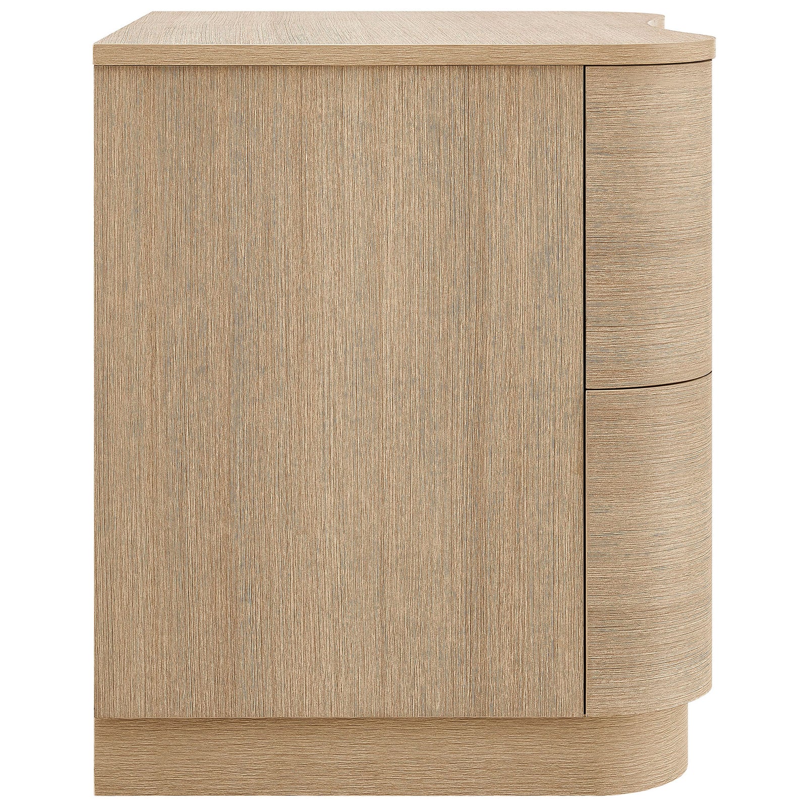 Streamlined side profile showcases the nightstand's light oak wood grain and smooth, rounded corners || MOD-7232-BOA || side_studio