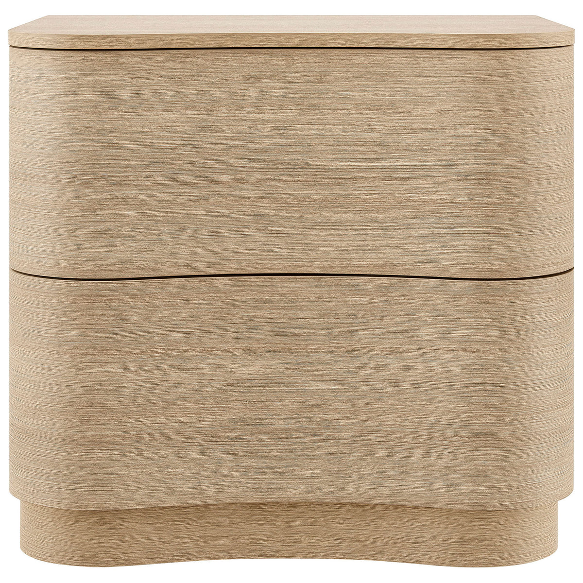 Curved light oak nightstand with smooth wood grain and two seamless drawers for modern bedside storage || MOD-7232-BOA || front_studio