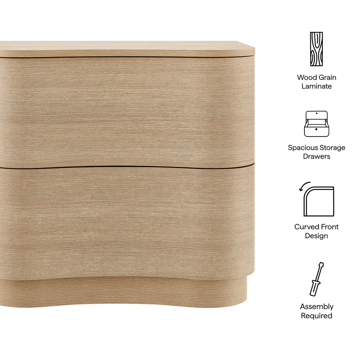 Mirae nightstand in brushed light oak with icons calling out wood grain laminate and spacious curved drawers || MOD-7232-BOA || callout_studio