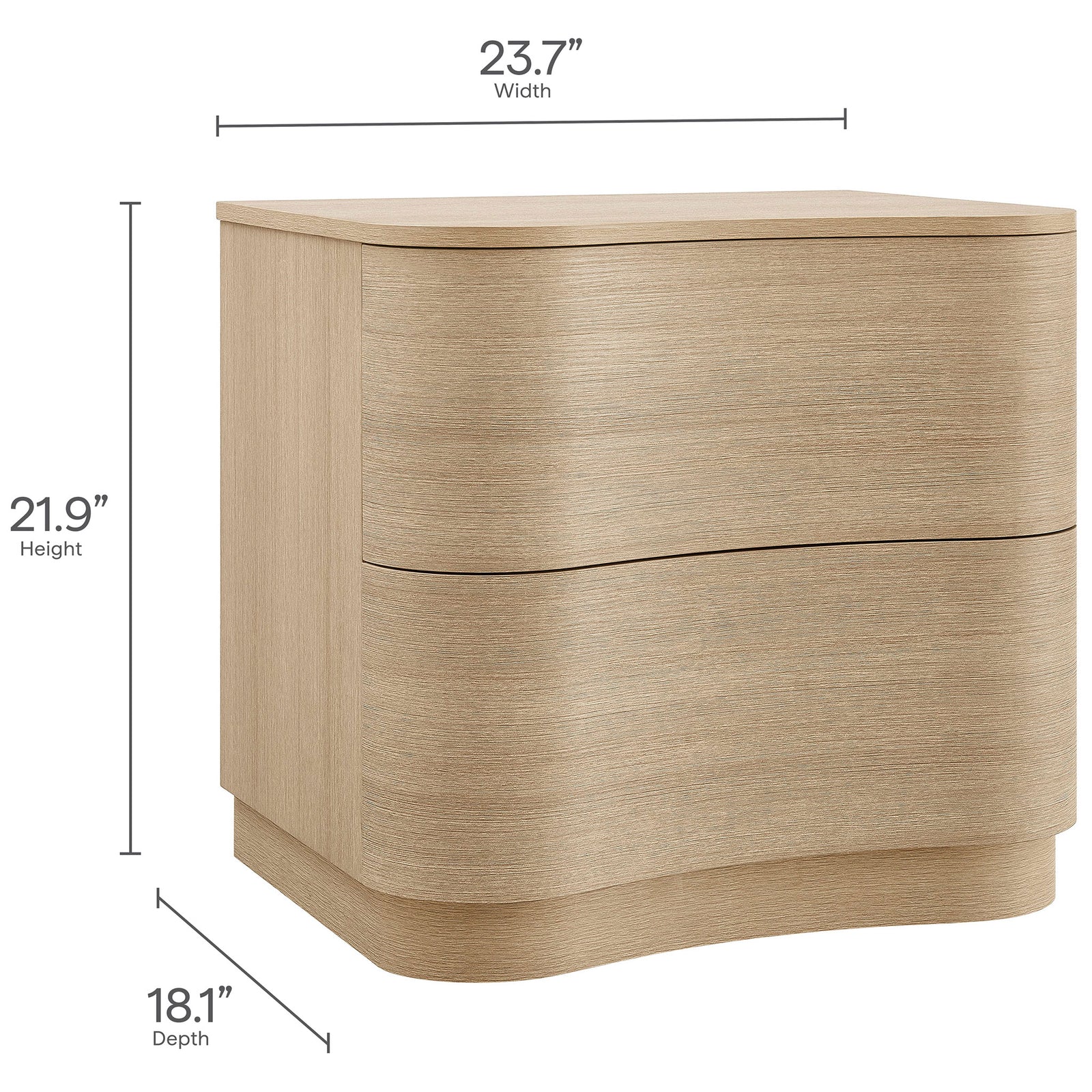 Dimension graphic showing the Mirae nightstand size with height, width, and depth measurements in inches || MOD-7232-BOA || dimension_studio