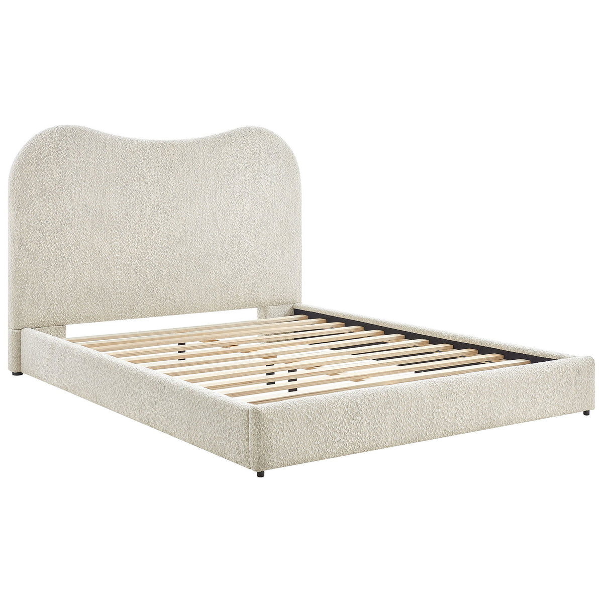 Boucle-upholstered platform bed with gentle arch headboard and slat support for mattress-free setup || MOD-7233-PRL || front_angle_studio