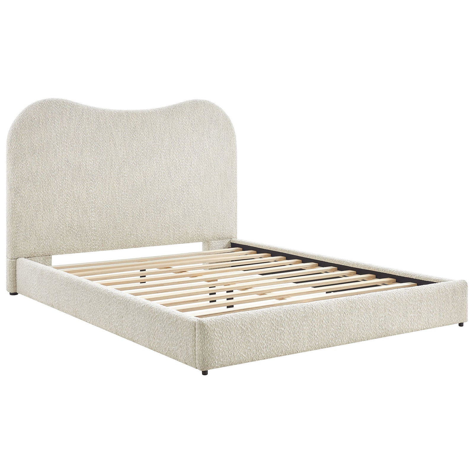Boucle-upholstered platform bed with gentle arch headboard and slat support for mattress-free setup || MOD-7233-PRL || front_angle_studio