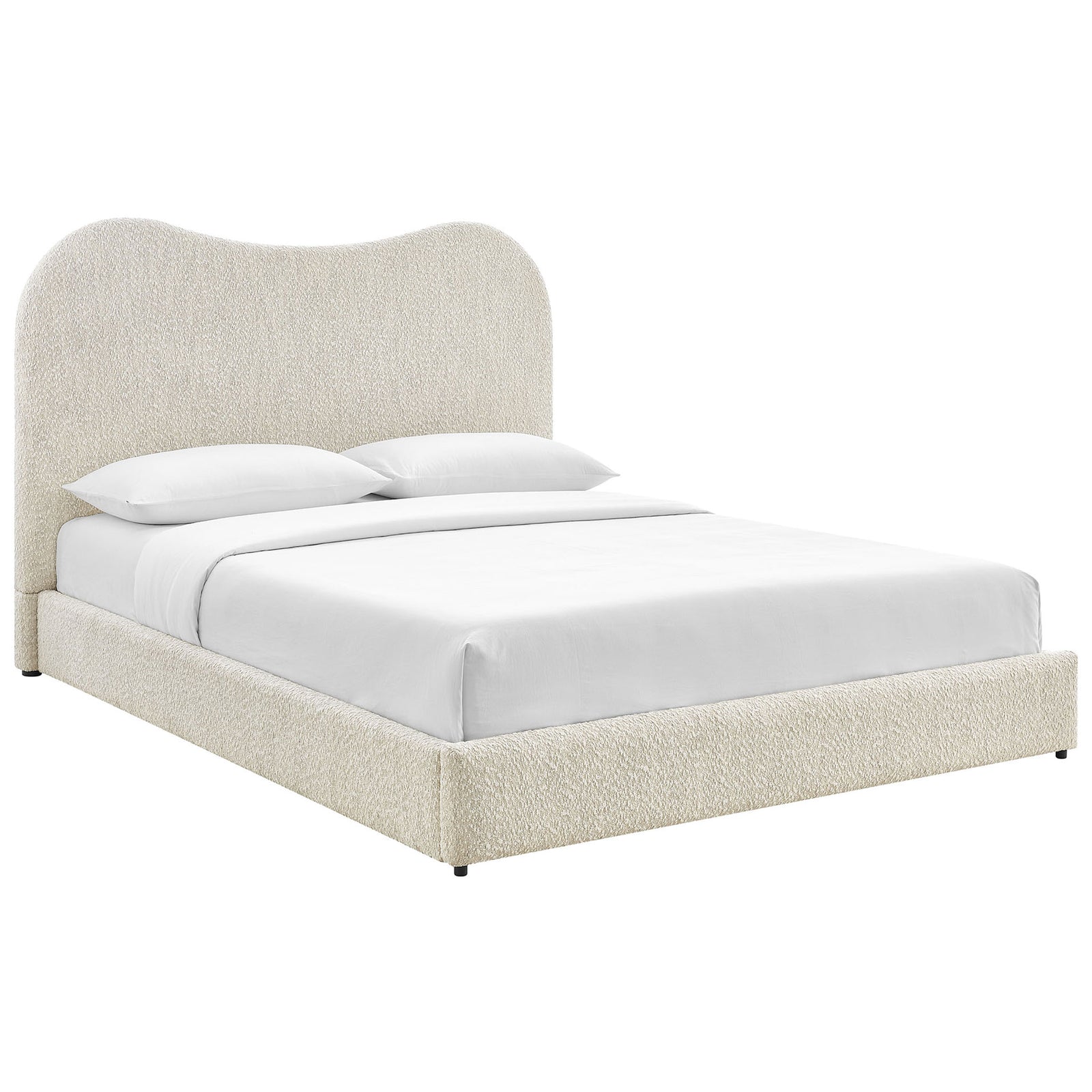 Pearl boucle platform bed with cloud-like headboard and low profile for a soft, modern look || MOD-7233-PRL || front_angle_studio