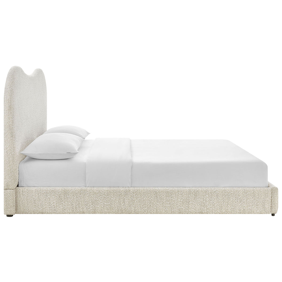 Streamlined low platform profile and plush upholstery highlight the bed's modern, grounded stance || MOD-7233-PRL || side_studio