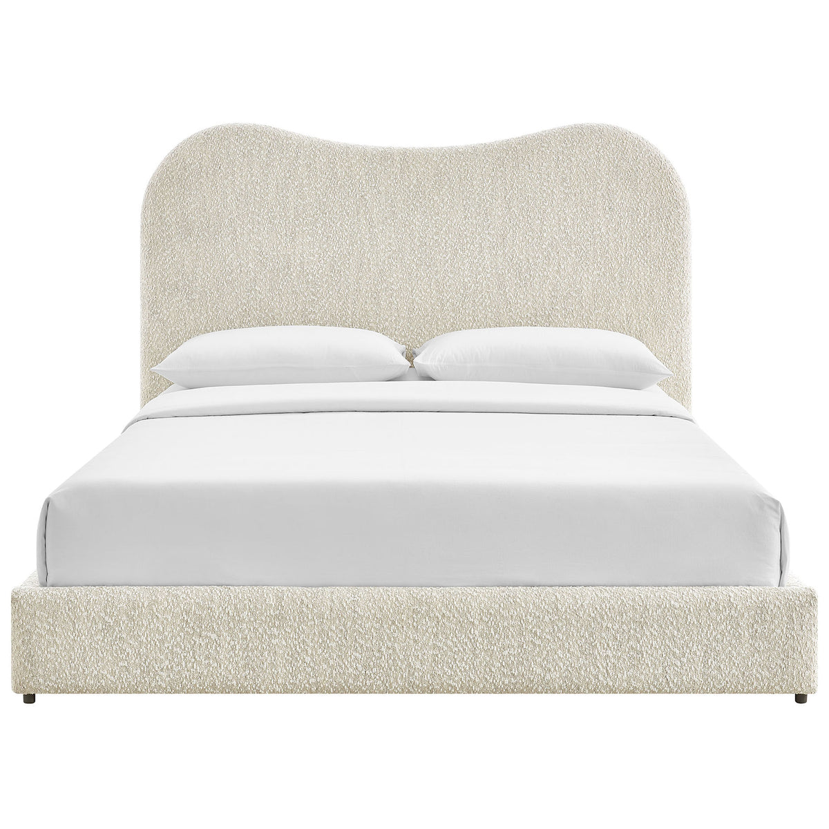 Sculptural boucle headboard crowns a cozy, low-profile platform frame in an inviting pearl hue || MOD-7233-PRL || front_studio