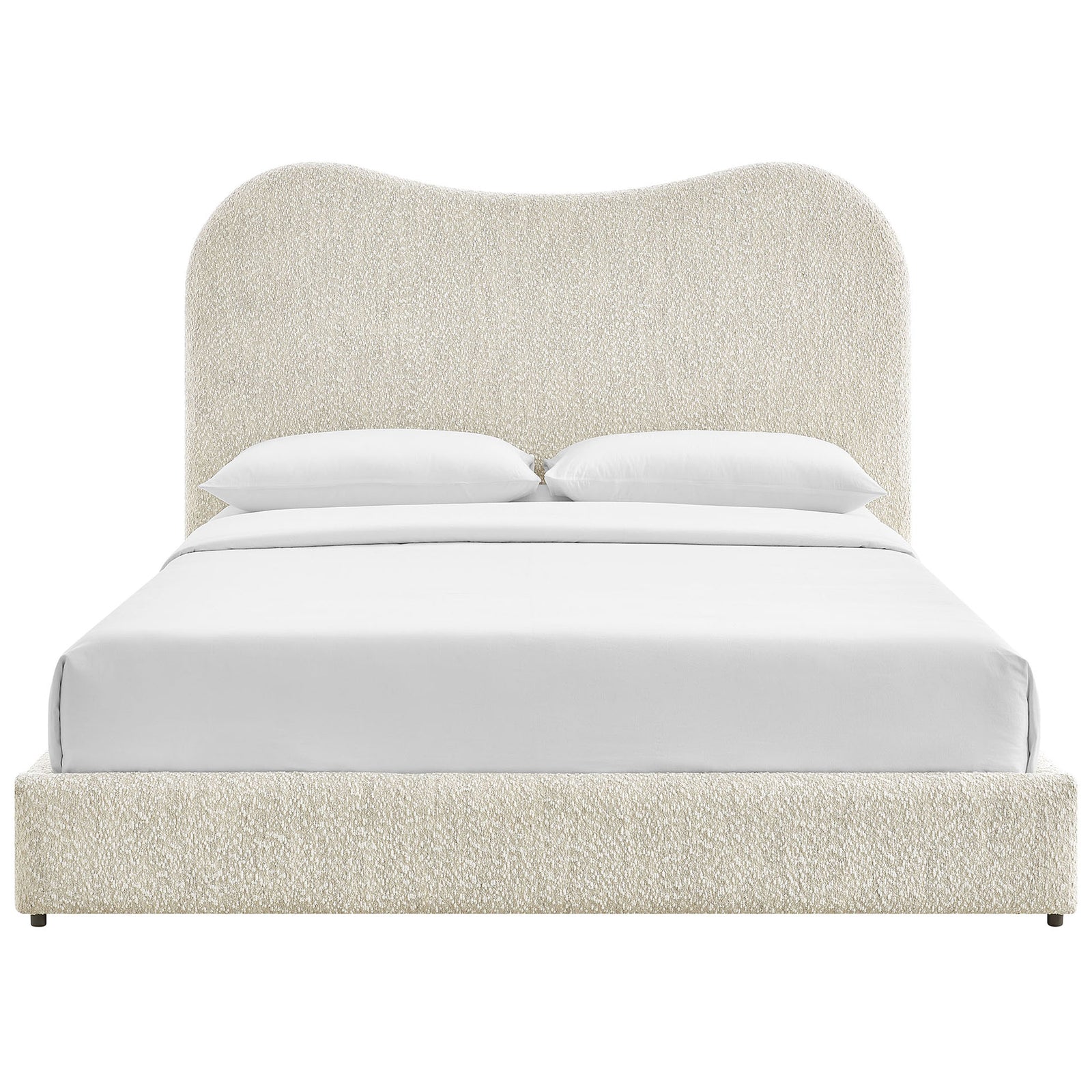 Sculptural boucle headboard crowns a cozy, low-profile platform frame in an inviting pearl hue || MOD-7233-PRL || front_studio