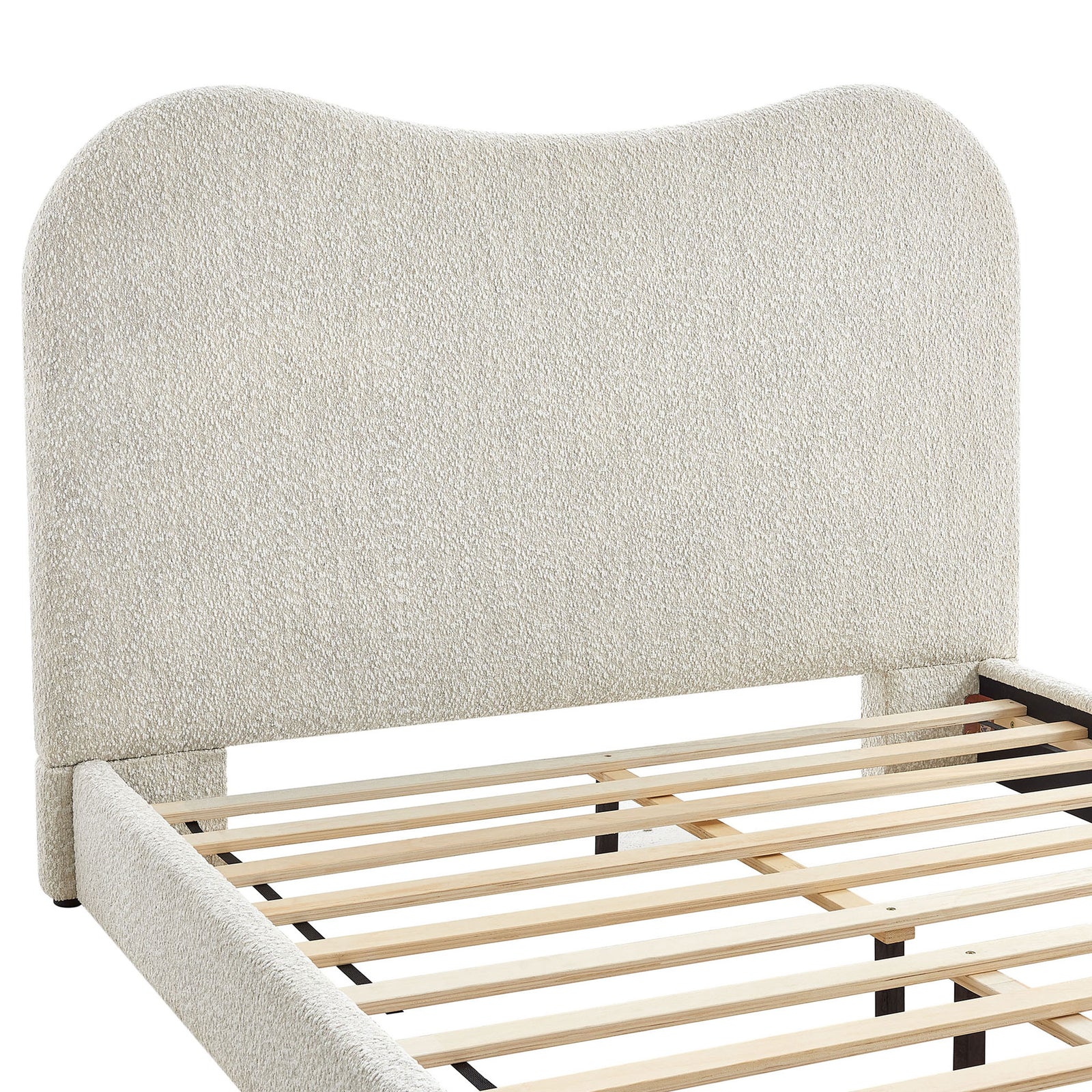 Curved padded headboard pairs with durable wood slats for supportive, box-spring-free comfort || MOD-7233-PRL || detail_studio