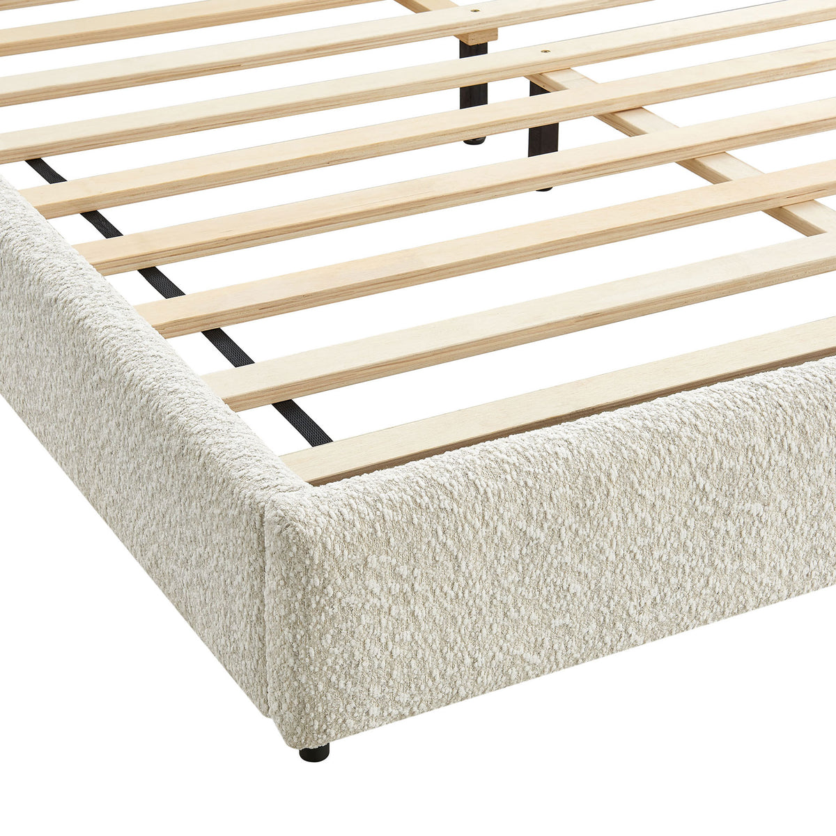 Textured boucle footboard with rounded corner and discreet low legs for a smooth, modern finish || MOD-7233-PRL || leg_studio