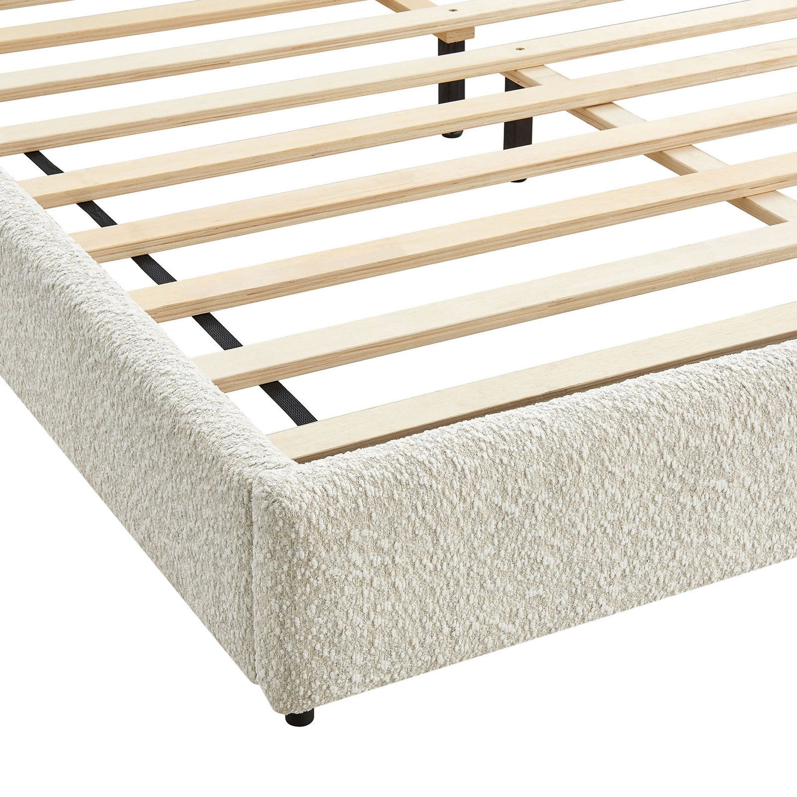 Textured boucle footboard with rounded corner and discreet low legs for a smooth, modern finish || MOD-7233-PRL || leg_studio