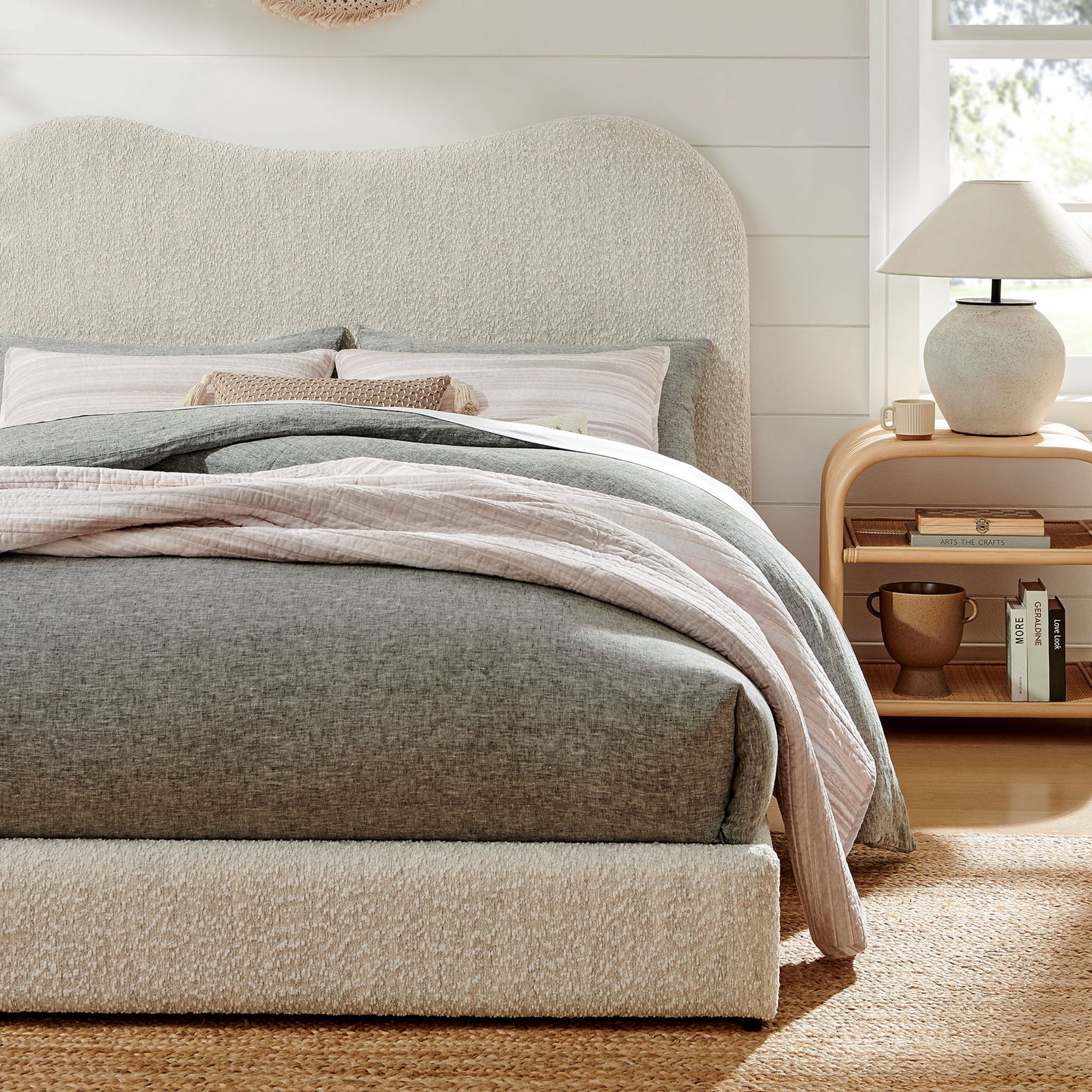 Pearl boucle bed anchors the room with a gentle arch headboard and plush, low-profile frame || MOD-7233-PRL || detail_room