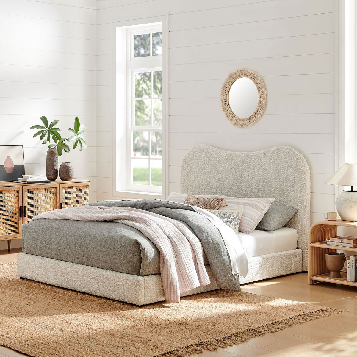 Modern boucle platform bed adds cozy texture and sculptural curves to a bright, airy bedroom || MOD-7233-PRL || front_angle_room