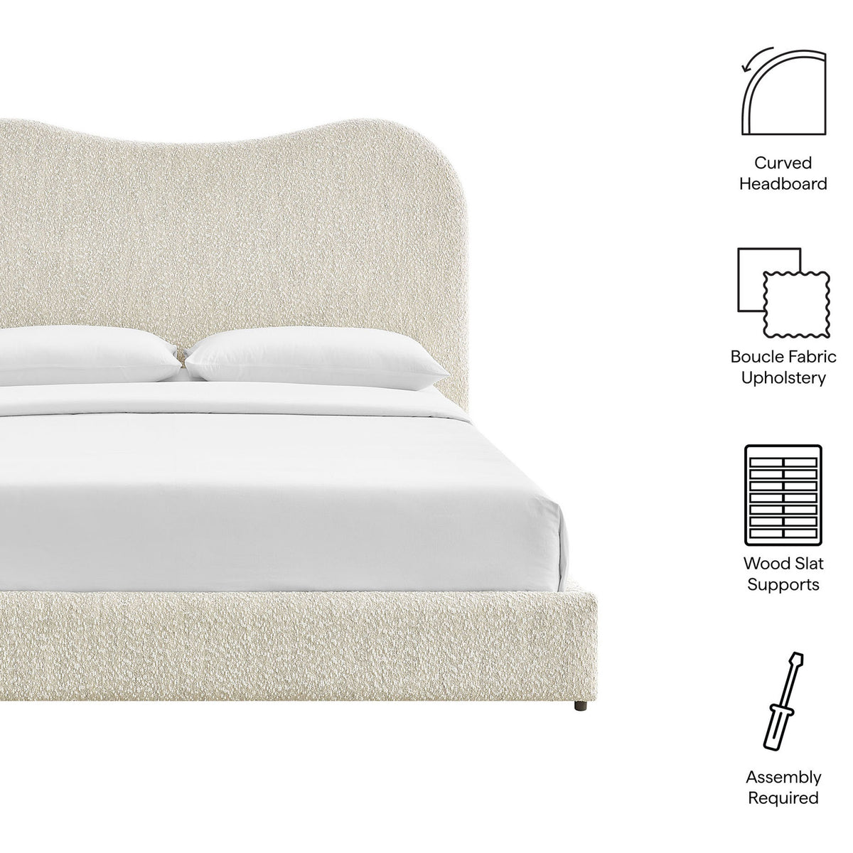 Curved headboard, boucle upholstery, and wood slat support combine for effortless style and easy assembly || MOD-7233-PRL || callout_studio
