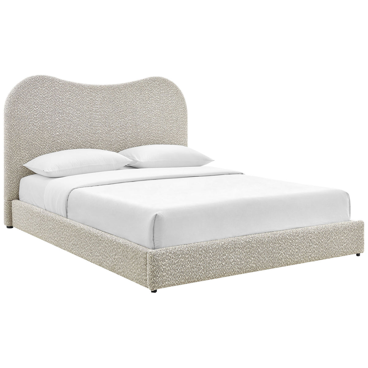 Curved, cloud-like headboard and low-profile boucle frame bring modern softness to this queen platform bed || MOD-7233-RIV || front_angle_studio