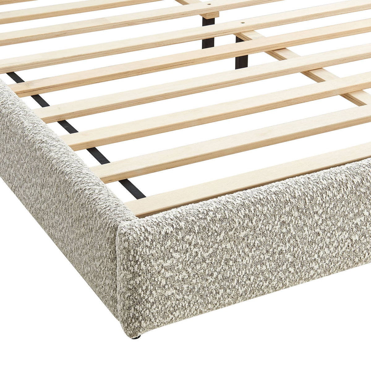 Textured boucle upholstery and smooth corner seams refine the low-profile bed base || MOD-7233-RIV || detail_studio
