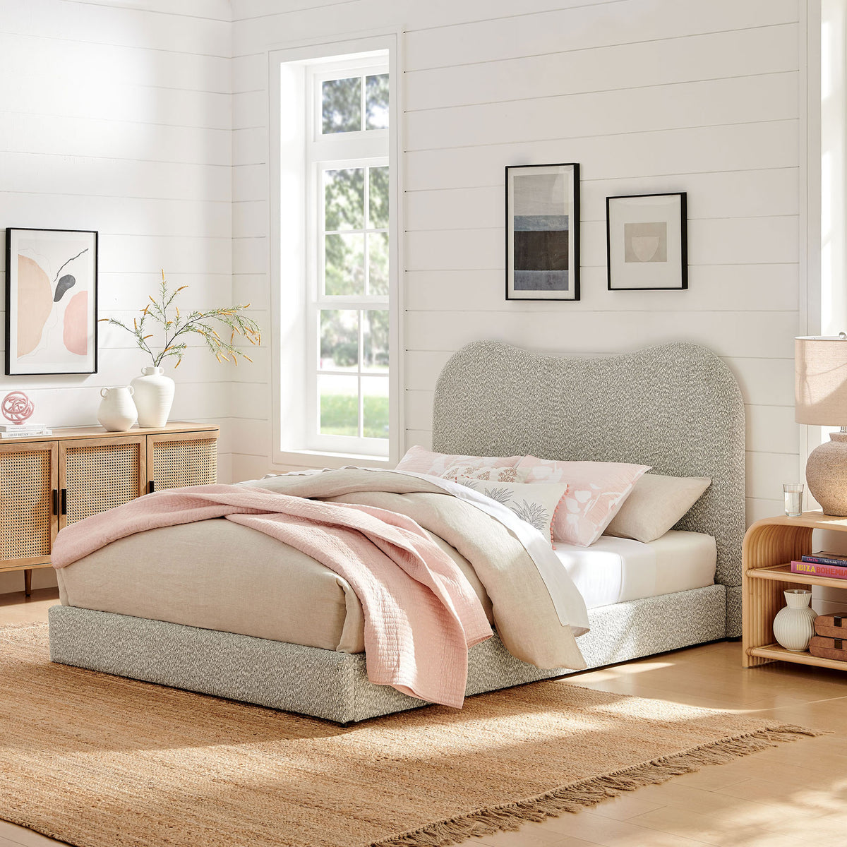 Sculptural queen platform bed in boucle brings modern calm to a light, airy room || MOD-7233-RIV || front_angle_room
