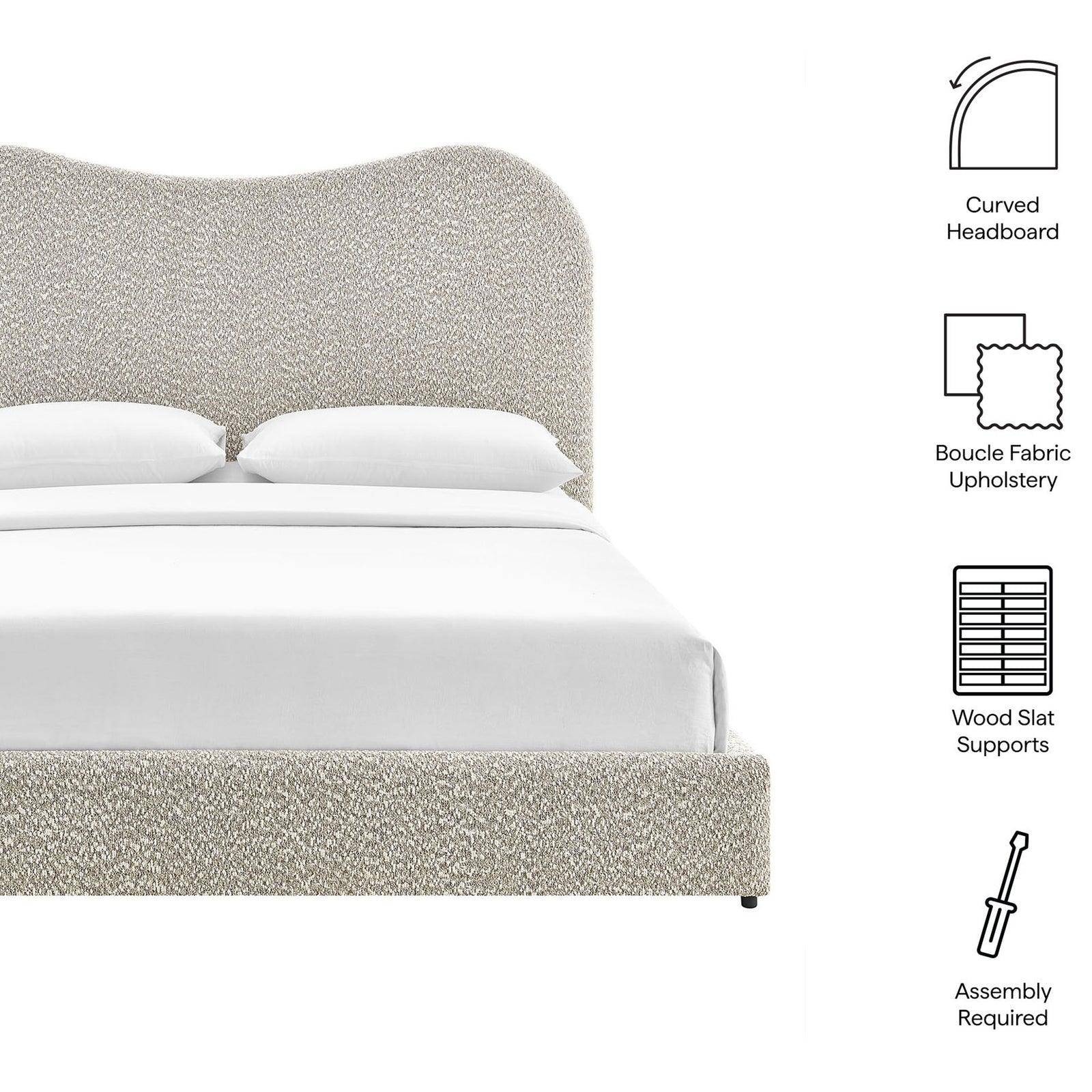 Curved headboard, boucle fabric, and wood slat support highlighted with feature callouts || MOD-7233-RIV || callout_studio