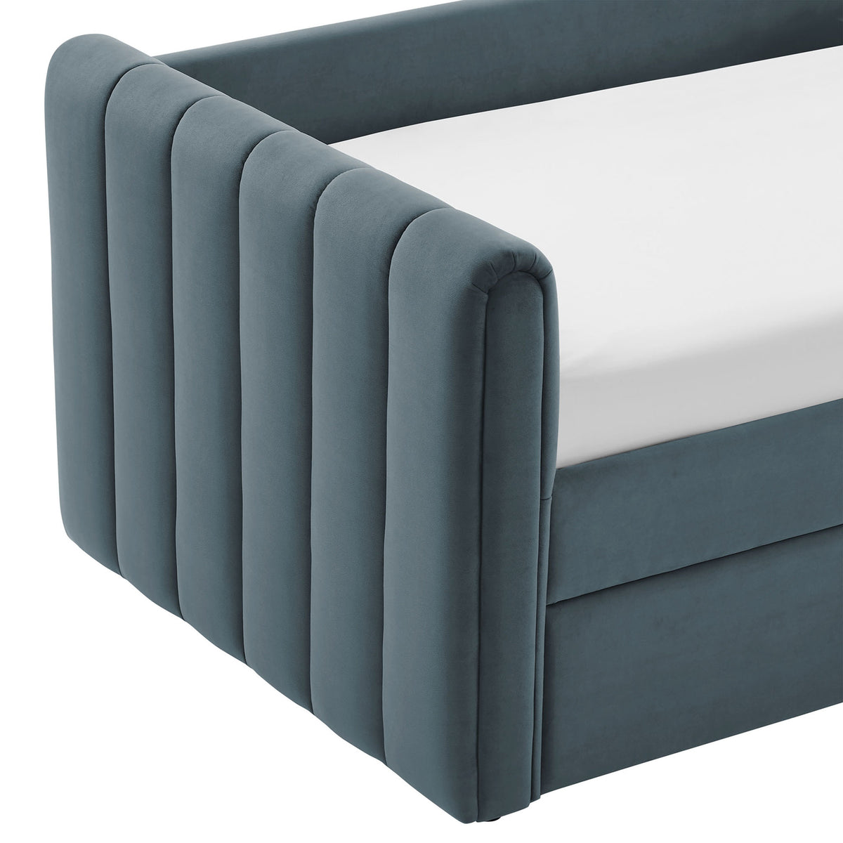 Plush vertical channel tufting in soft, cadet blue performance velvet || MOD-7234-CAB || detail_studio