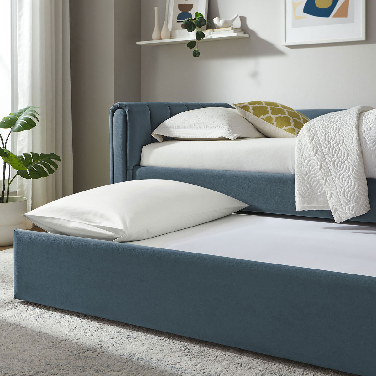 Cadet blue velvet daybed with trundle open, offering extra space for overnight guests || MOD-7234-CAB || detail_room