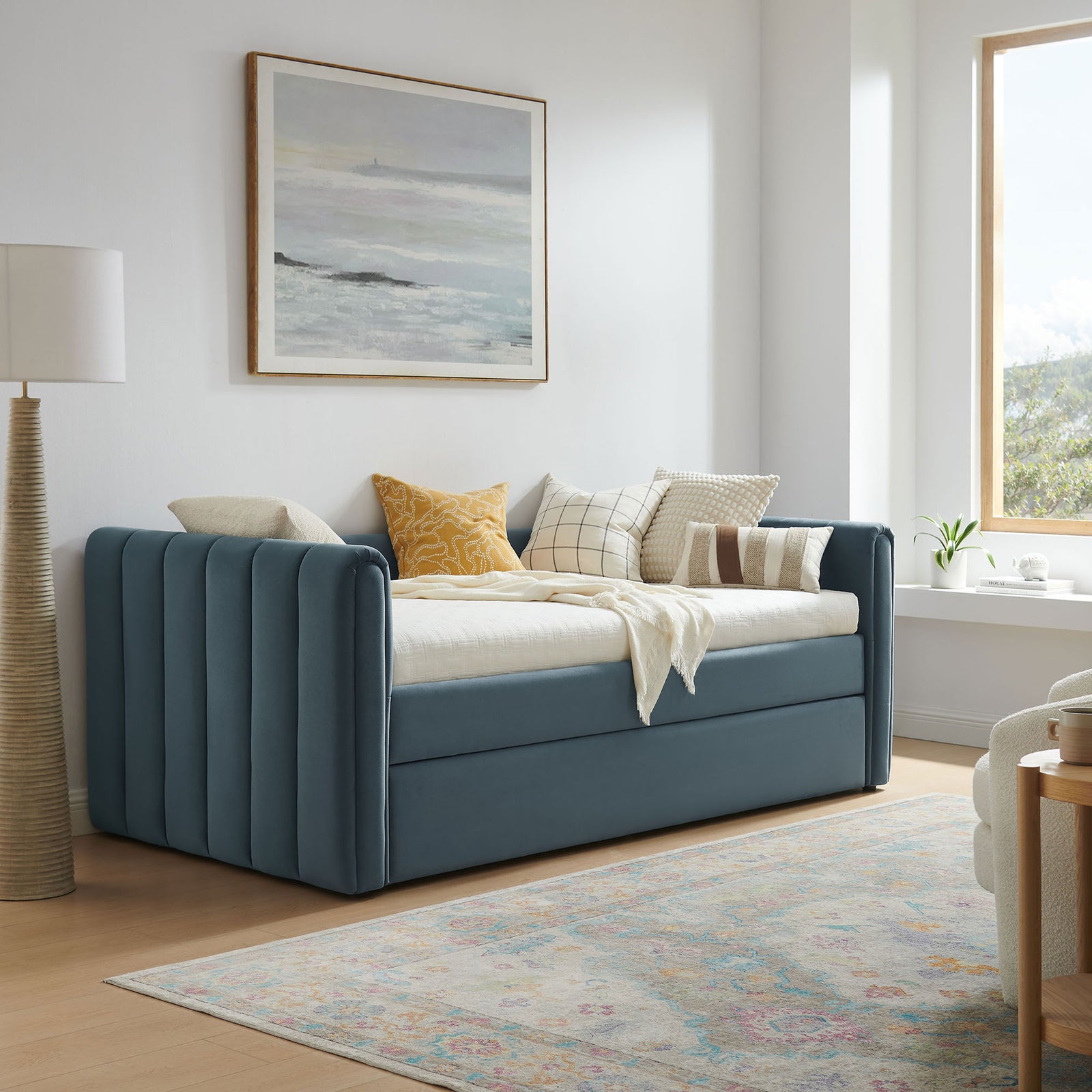Velvet daybed in cadet blue with tailored channel tufting for a polished, cozy lounge spot || MOD-7234-CAB || front_angle_room