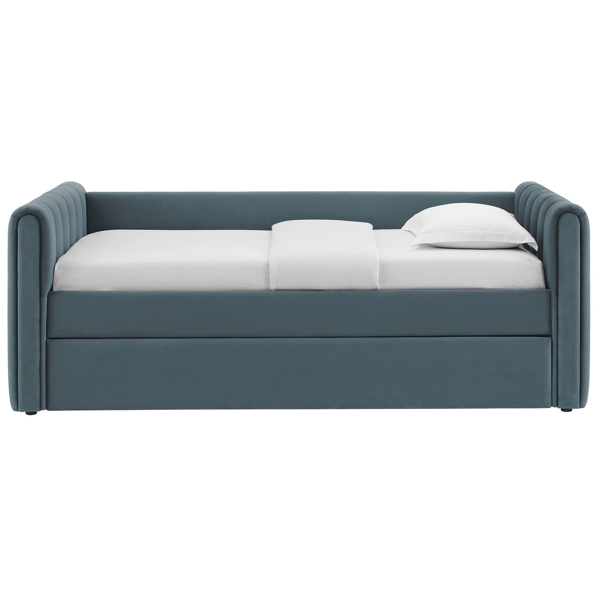 Streamlined velvet twin daybed with vertical channel tufting and low-profile arms || MOD-7234-CAB || front_studio