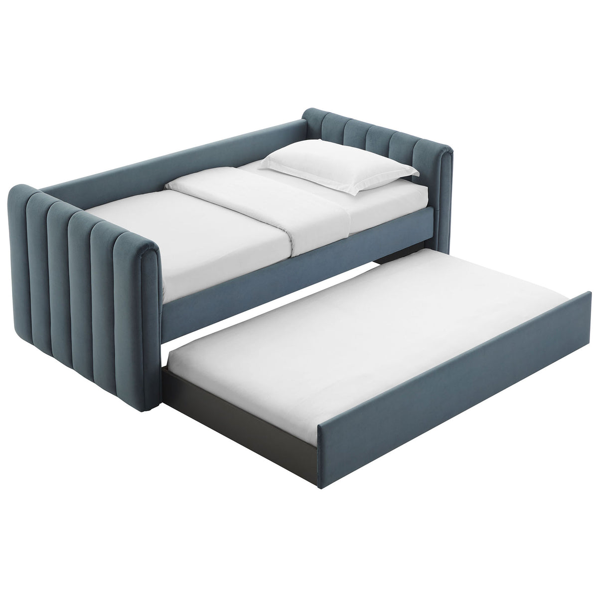 Twin daybed with pull-out trundle extended, showcasing smooth velvet and clean channel tufting || MOD-7234-CAB || top_angle_open_studio